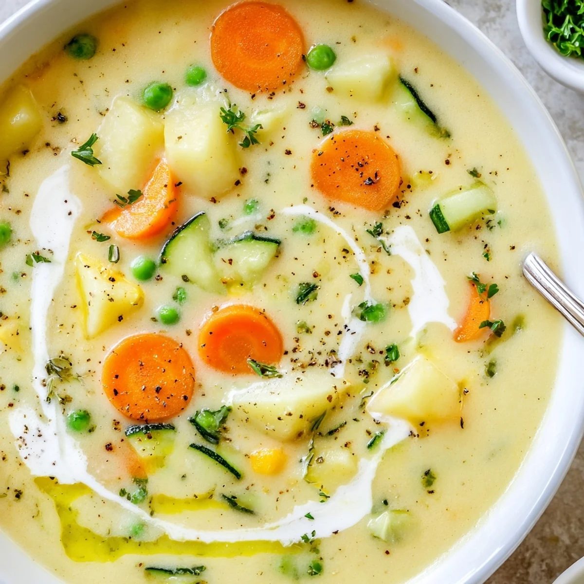 Bowl of Creamy Vegetable Soup garnished with parsley, served with crusty bread