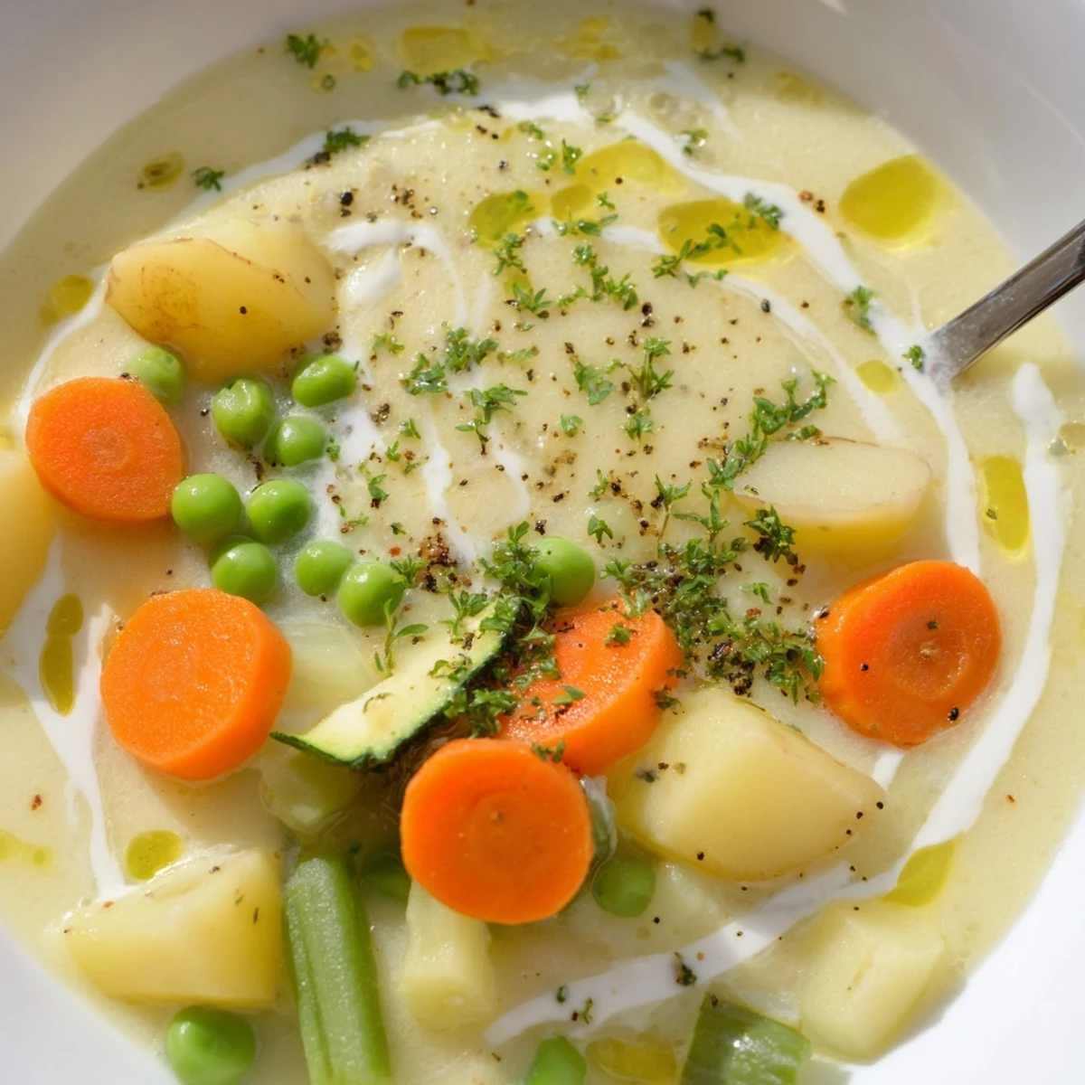 Creamy Vegetable Soup steaming in bowl, silky texture with bright vegetable chunks
