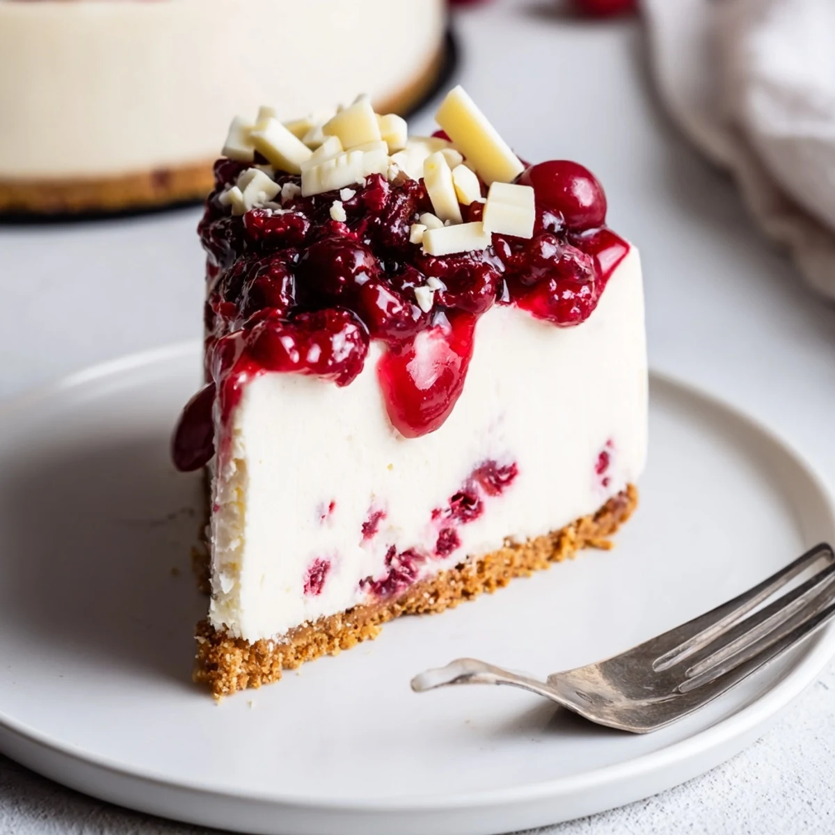 No Bake Cranberry White Chocolate Cheesecake with glossy cranberry topping, chilled slice