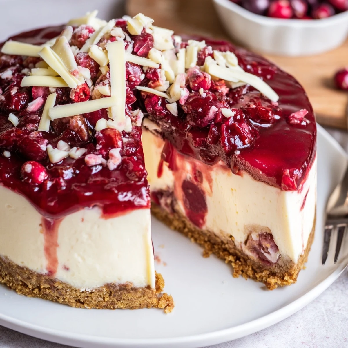 Slice of No Bake Cranberry White Chocolate Cheesecake topped with bright cranberry compote