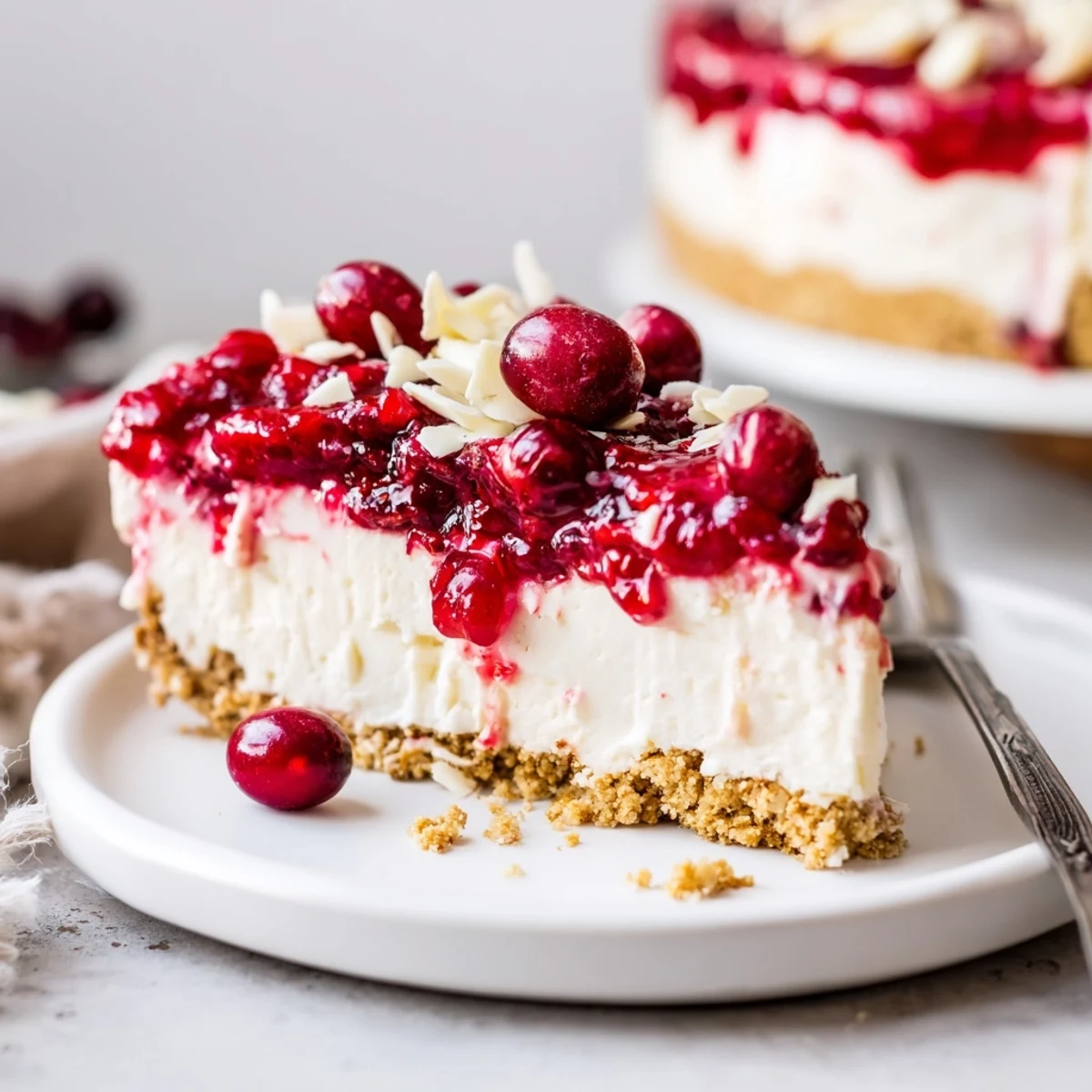 Creamy No Bake Cranberry White Chocolate Cheesecake on buttery graham crust, fork-ready