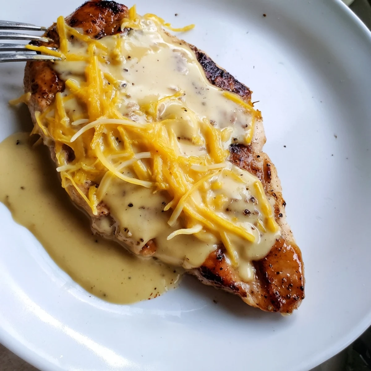 Golden-seared Chicken With Cheese Sauce, silky cheddar poured over tender breasts