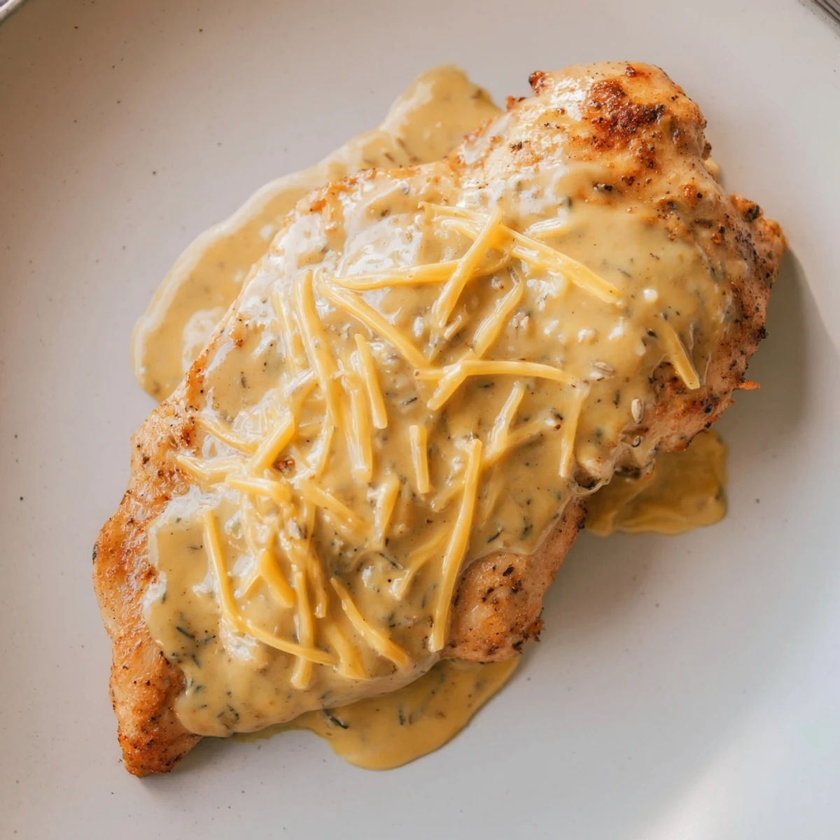 Creamy Garlic Chicken With Cheese Sauce spooned warm over roasted root vegetables