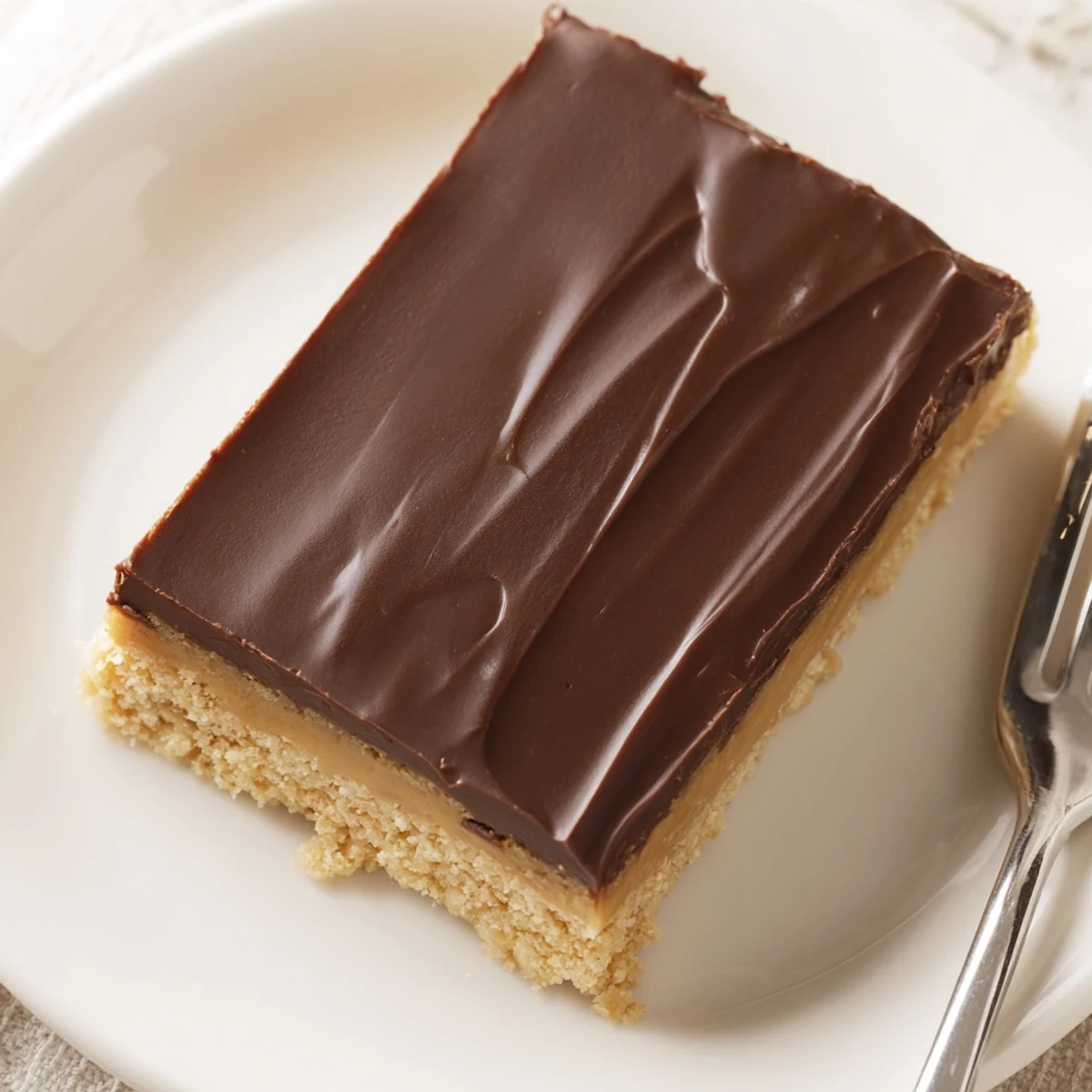 No Bake Peanut Butter Bars chilled, glossy chocolate topping and peanut-studded base