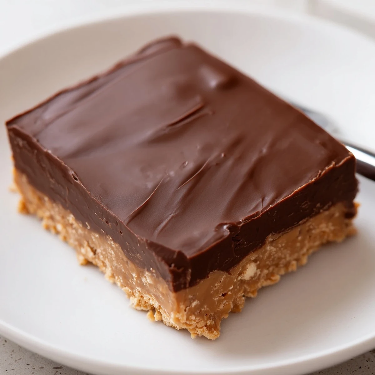 Close-up of No Bake Peanut Butter Bars showing creamy center and firm chocolate layer