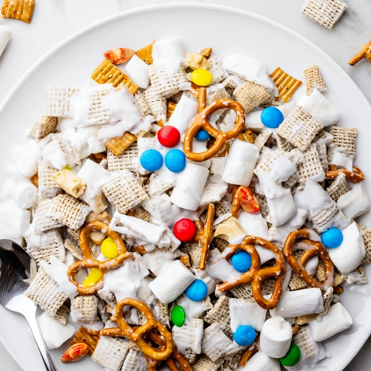 White Trash Snack Mix glistening with white chocolate, crunchy, sweet-salty party snack