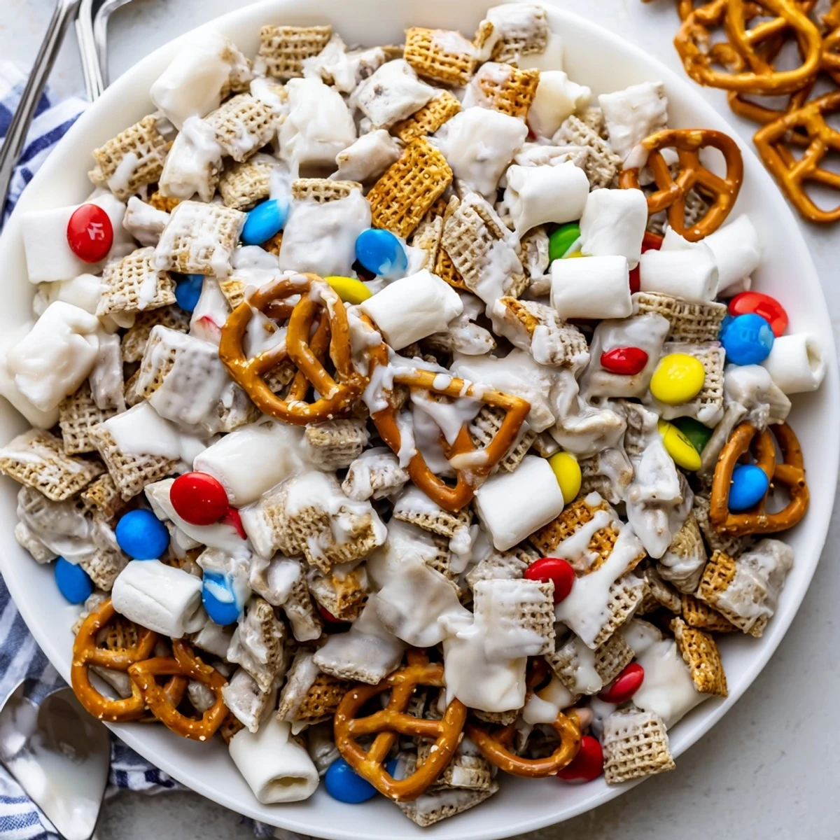 Homemade White Trash Snack Mix cooling on parchment, ready for sharing