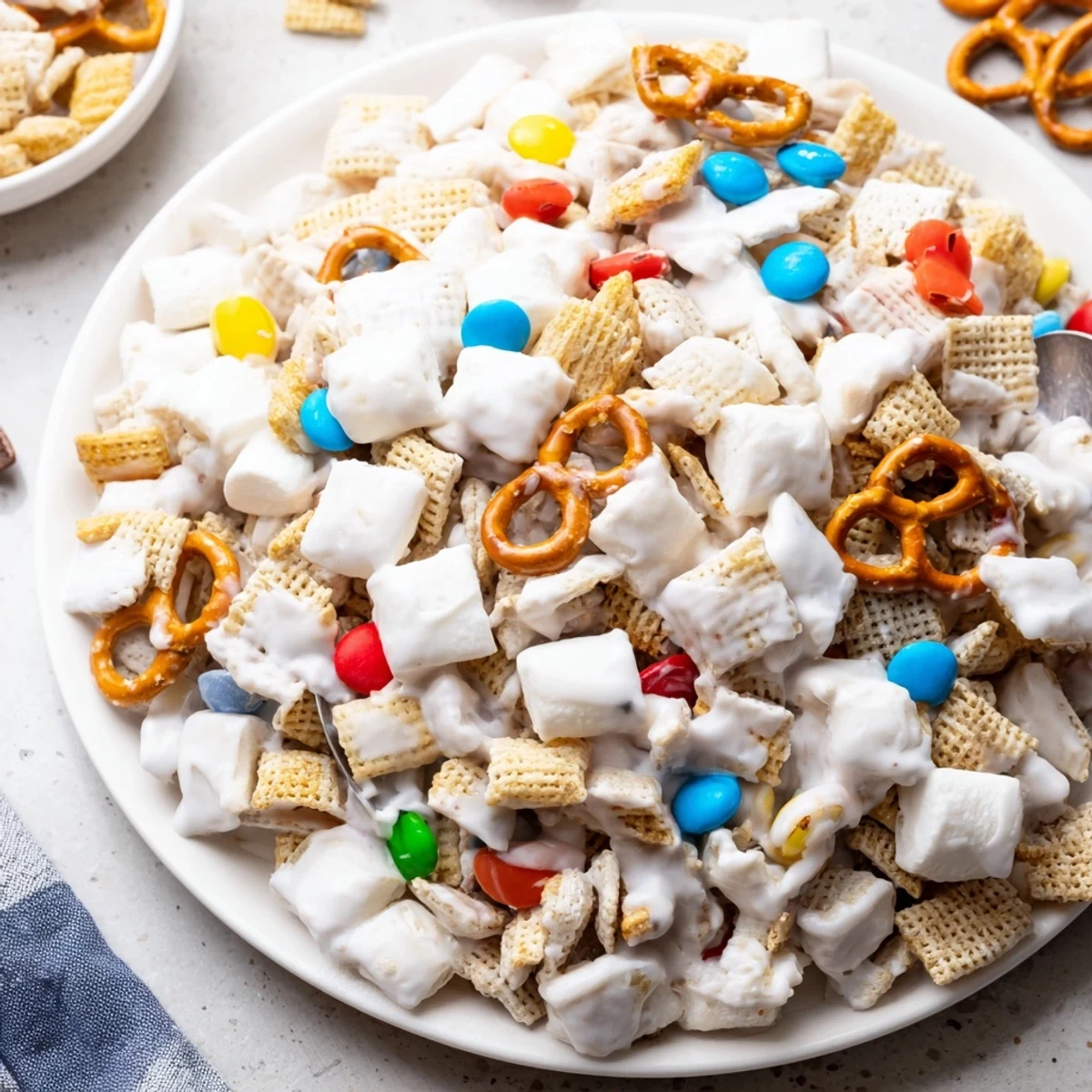 Bowl of White Trash Snack Mix studded with mini M&M's, pretzels, peanuts