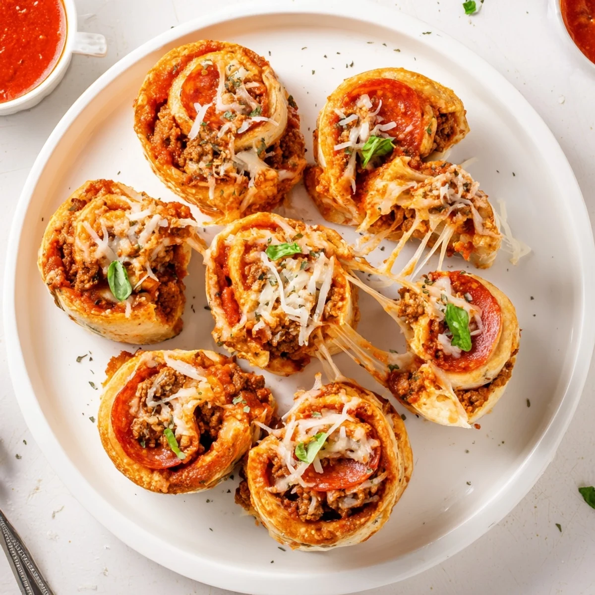 Cheesy Beef Pepperoni Pizza Roll Ups Snack Recipe with golden crust and bubbly cheese