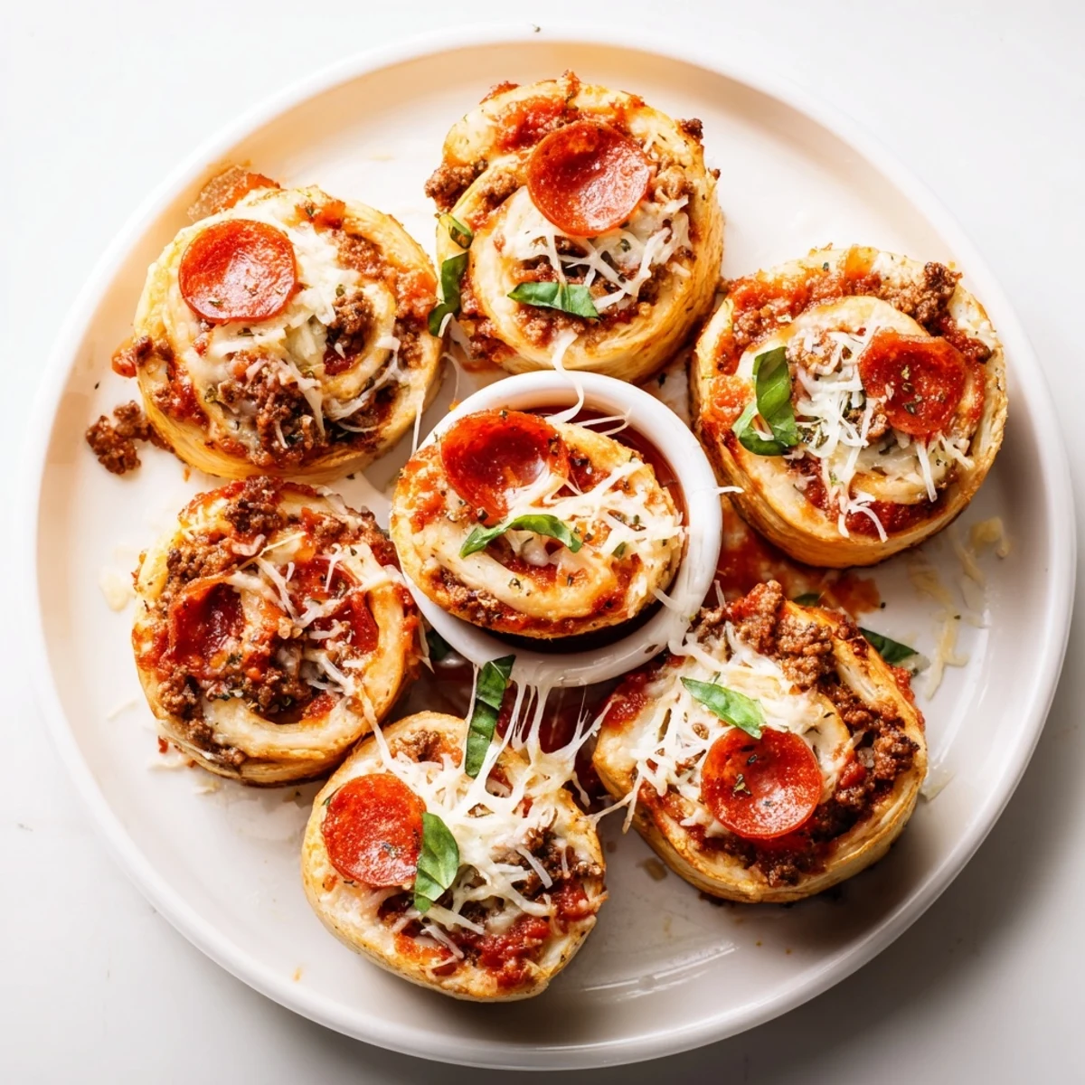 Warm, bite-sized Cheesy Beef Pepperoni Pizza Roll Ups Snack Recipe on parchment paper