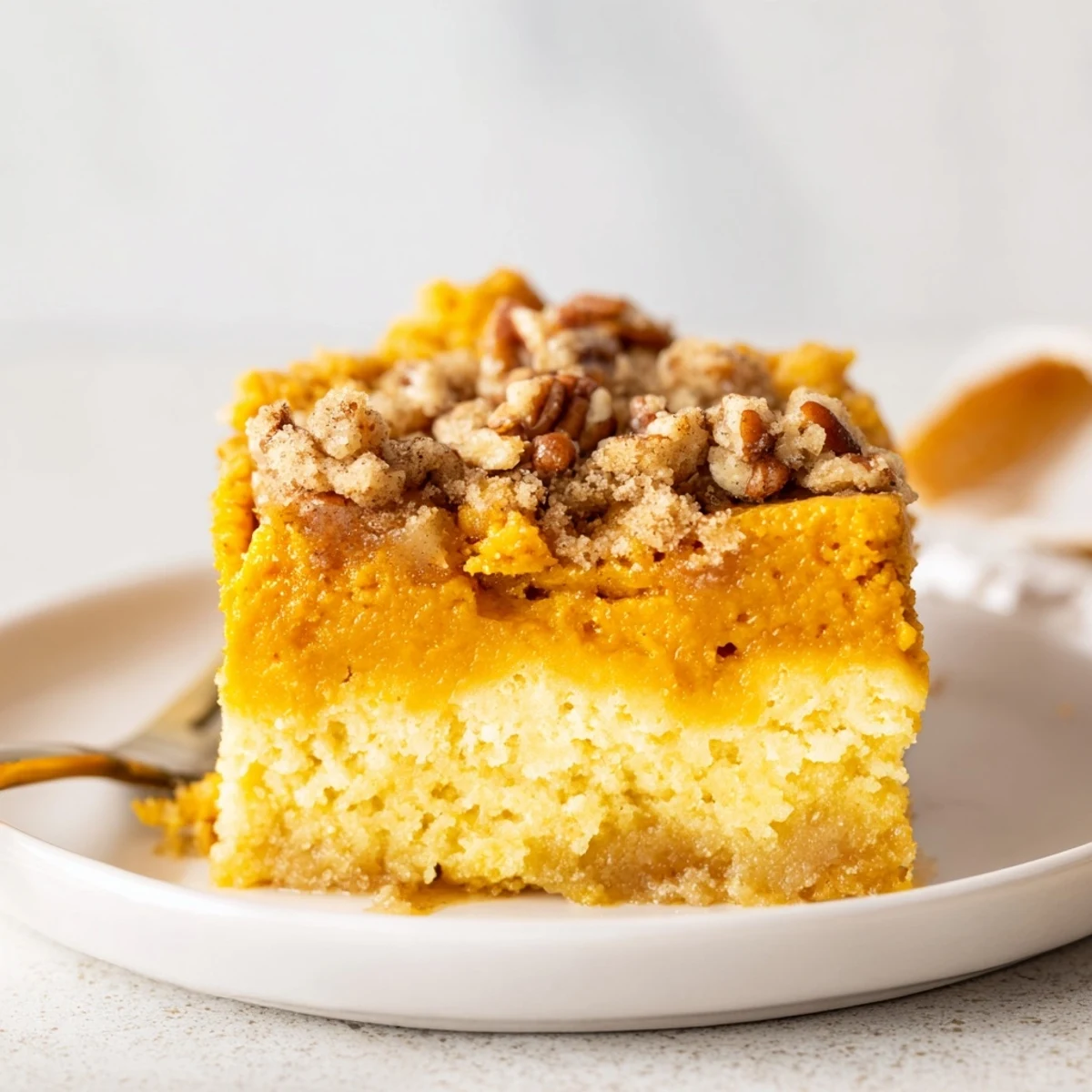 Pumpkin Dump Cake bubbling golden with crunchy pecan topping, served warm.