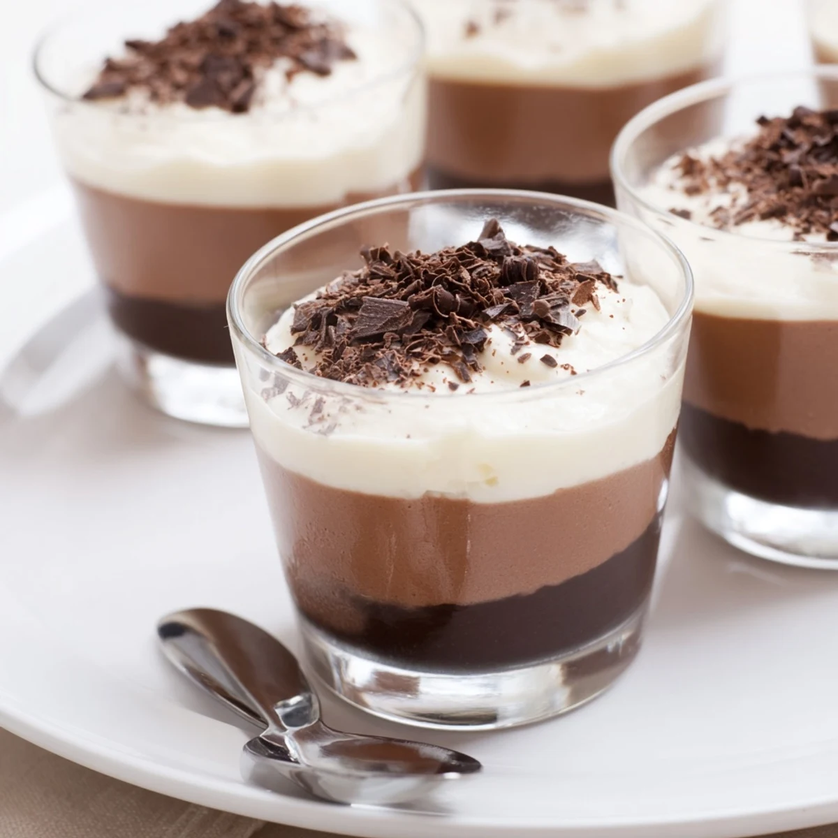Triple Chocolate Mousse Cups layered in glass, silky textures and shaved chocolate.