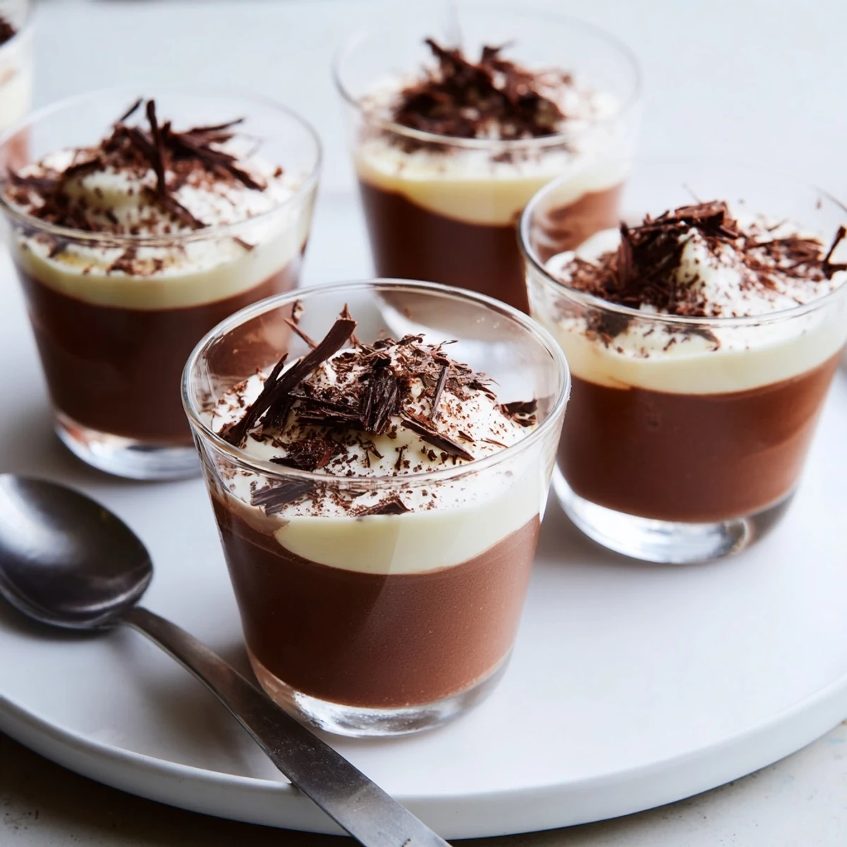 Chilled Triple Chocolate Mousse Cups with three velvety layers, ready for spoons.