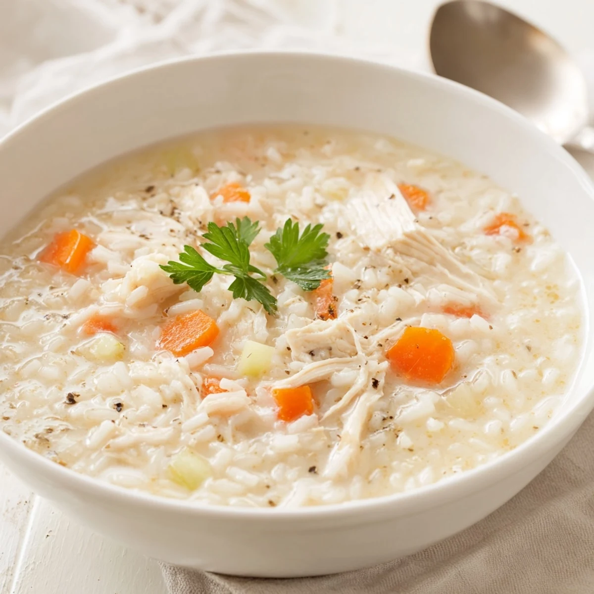 Creamy Chicken Rice Soup steaming in bowl, tender chicken and rice visible.