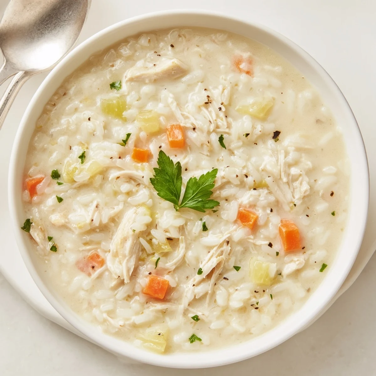 Bowl of Creamy Chicken Rice Soup garnished with parsley, served with bread.