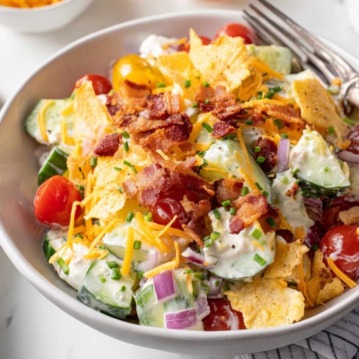 Cucumber Ranch Crack Salad piled in bowl, crisp cucumbers and crunchy bacon.