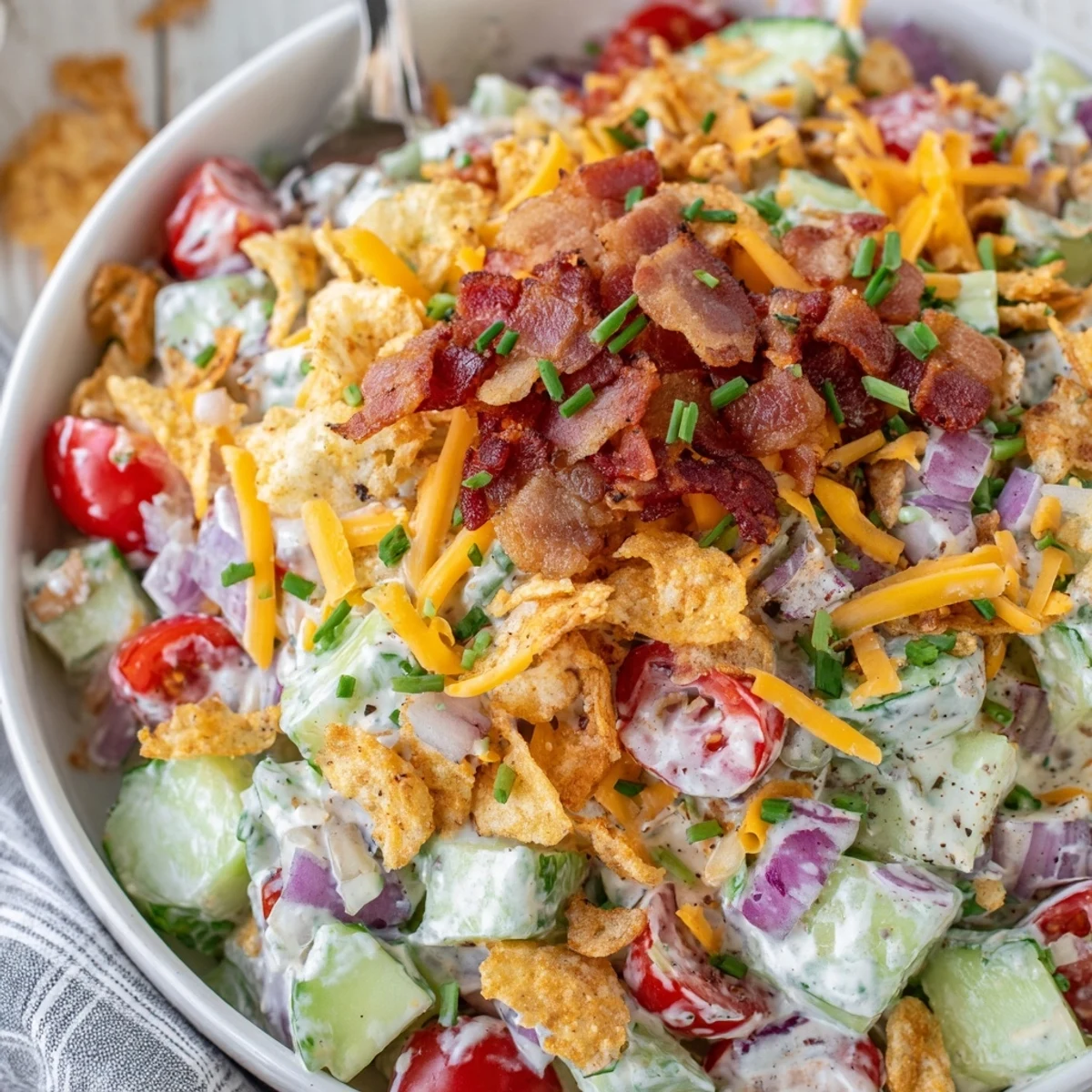 A chilled Cucumber Ranch Crack Salad dressed in creamy ranch, sharp cheddar.