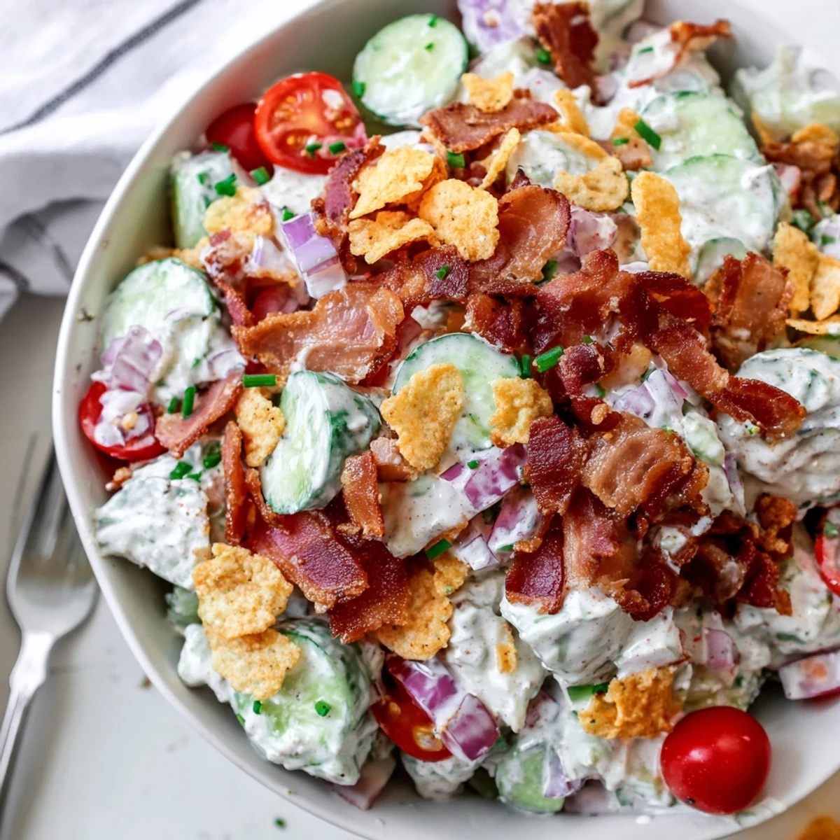 Potluck-ready Cucumber Ranch Crack Salad garnished with chives, smoky bacon, vivid crunch.
