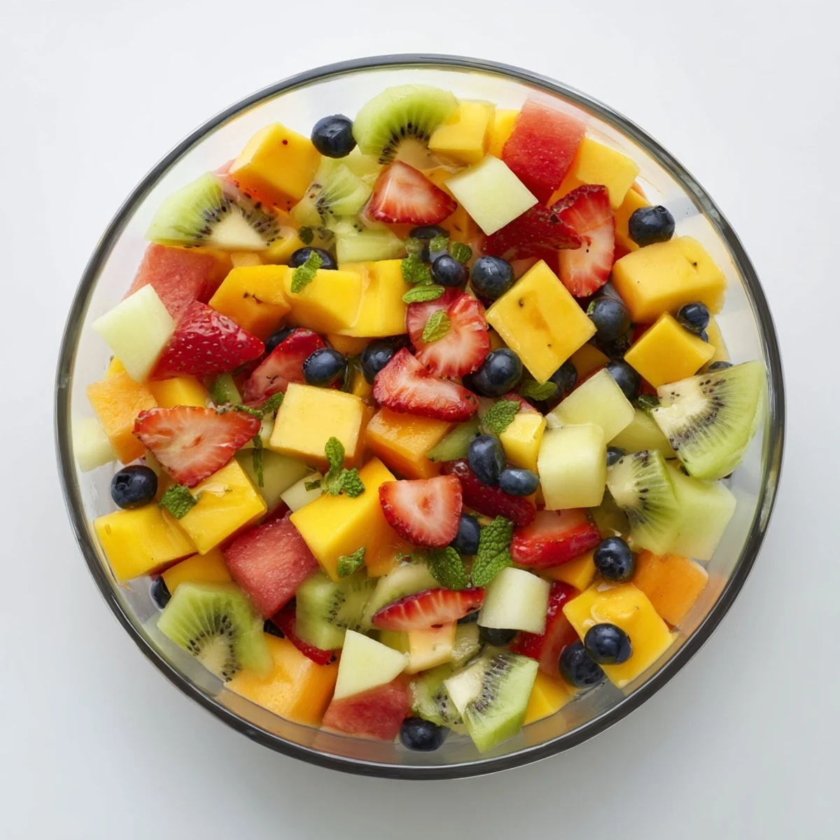 Colorful bowl of juicy summer delights fruit salad drizzled with citrus-mint syrup