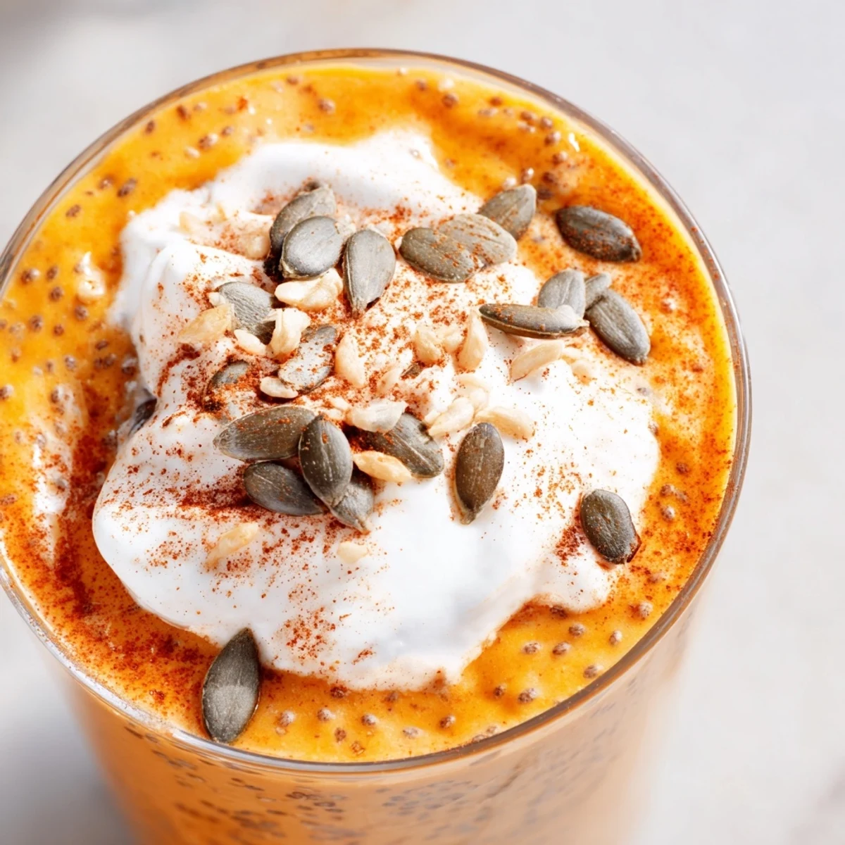 Golden pumpkin chia refreshment topped with fluffy whipped cream and toasted pumpkin seeds