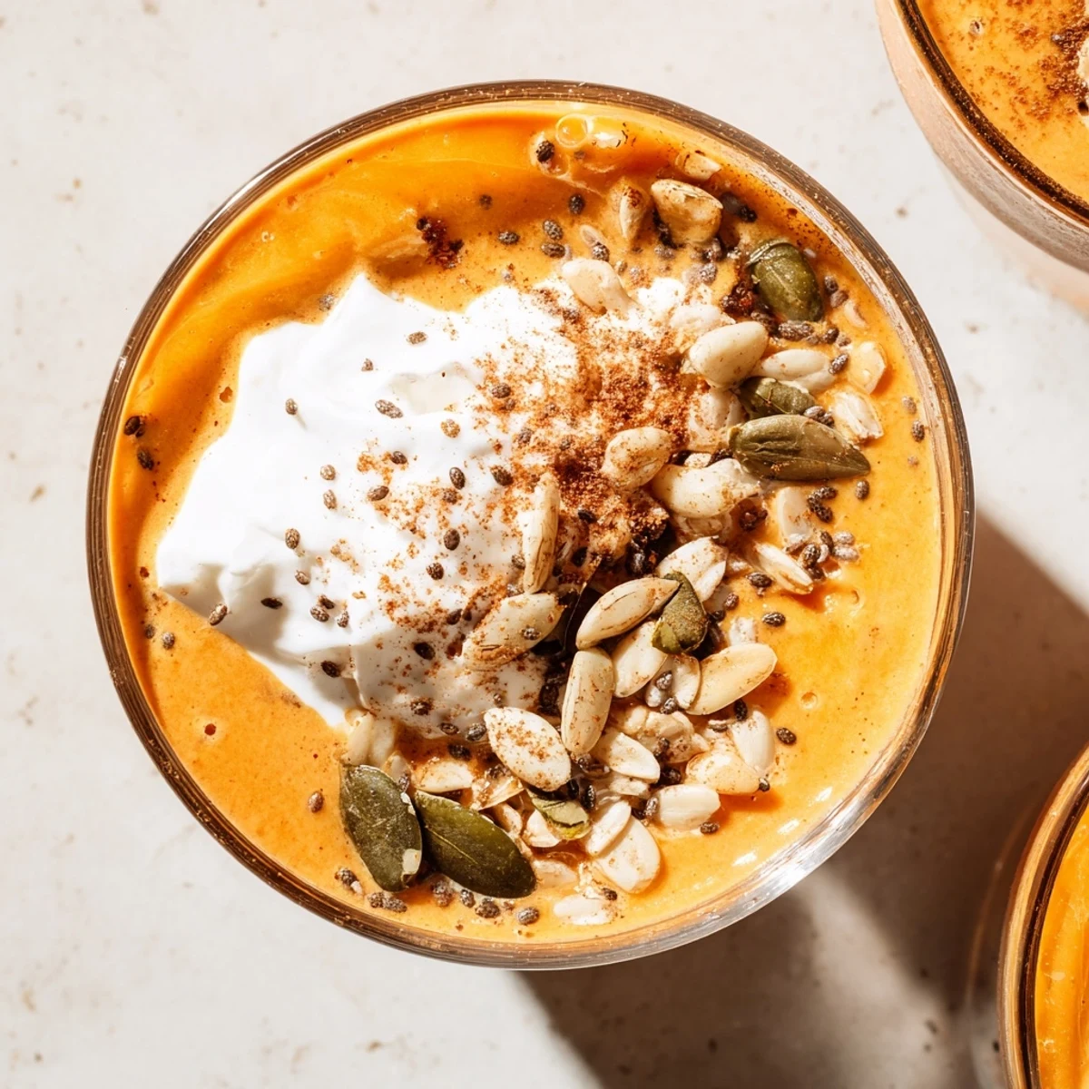 Silky pumpkin spice chia delight chilled in glass with coconut cream and garnish