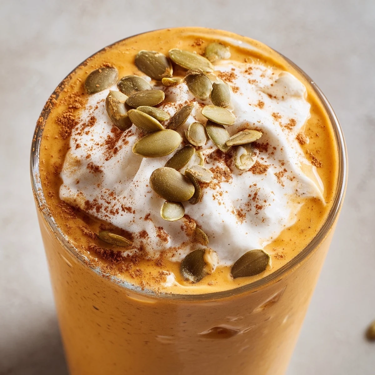 Creamy autumn pumpkin chia drink in a glass dusted with warm ground cinnamon