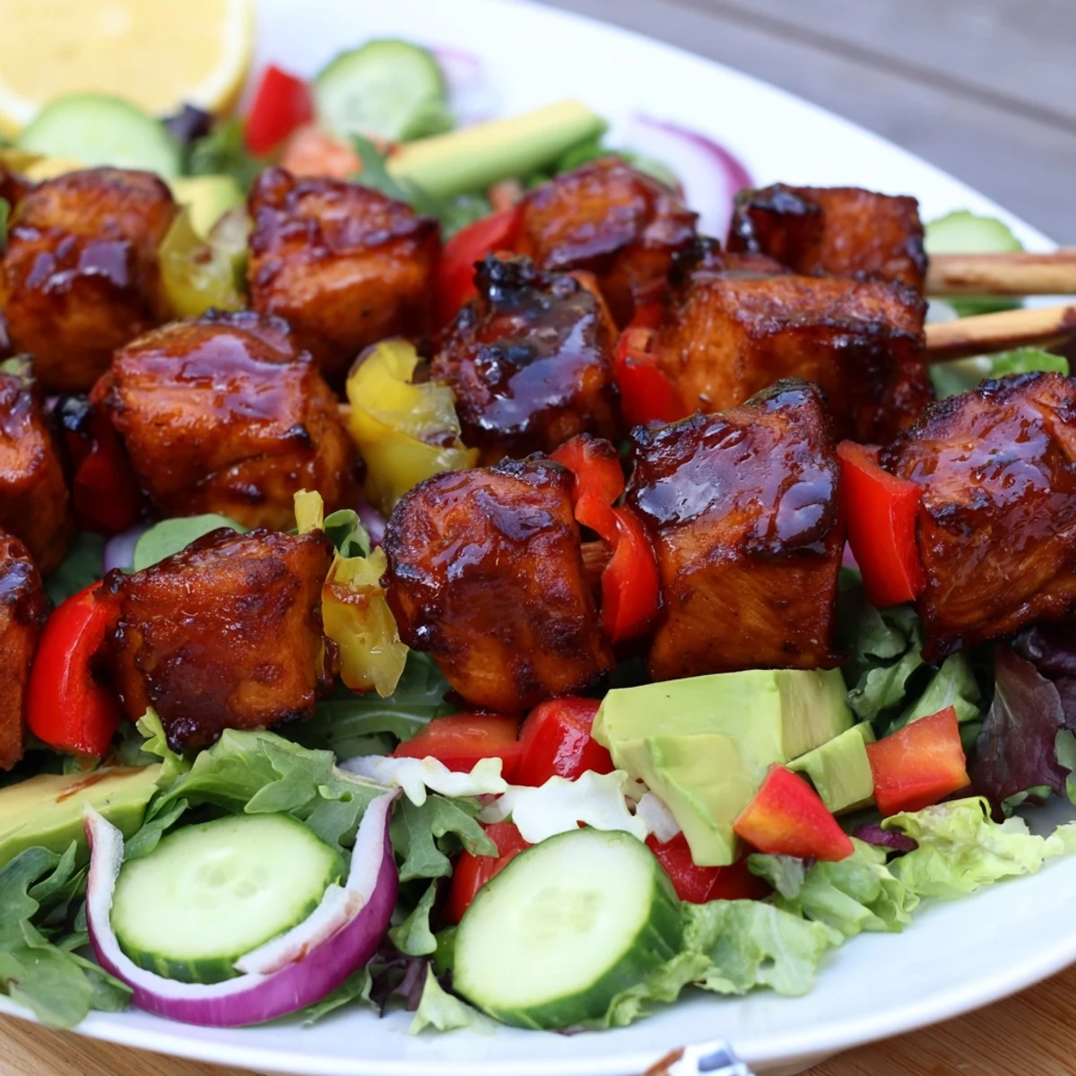 Golden BBQ chicken skewers resting on crisp mixed green salad with colorful vegetables
