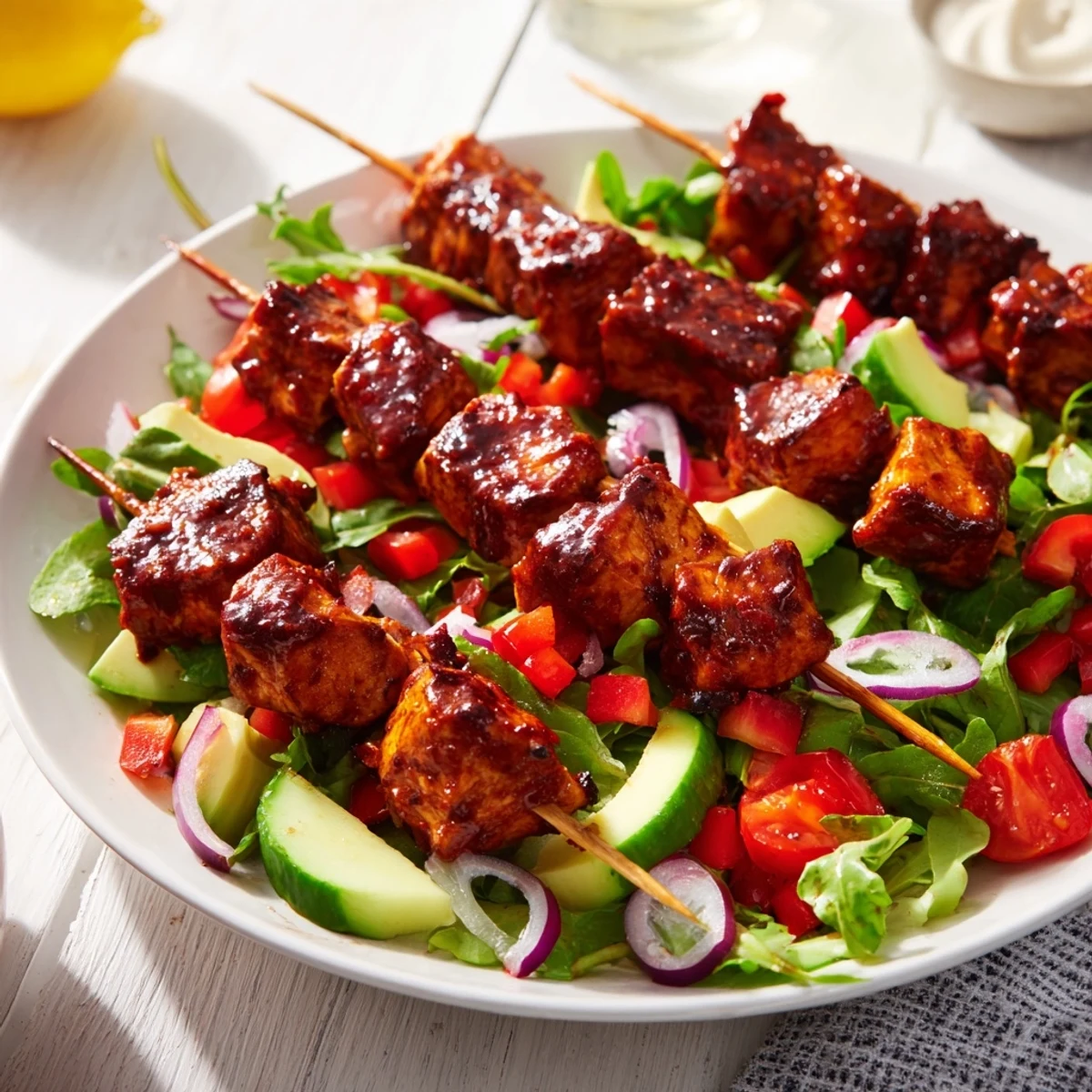 Summer BBQ chicken skewer salad with juicy grilled meat and vibrant crisp vegetables