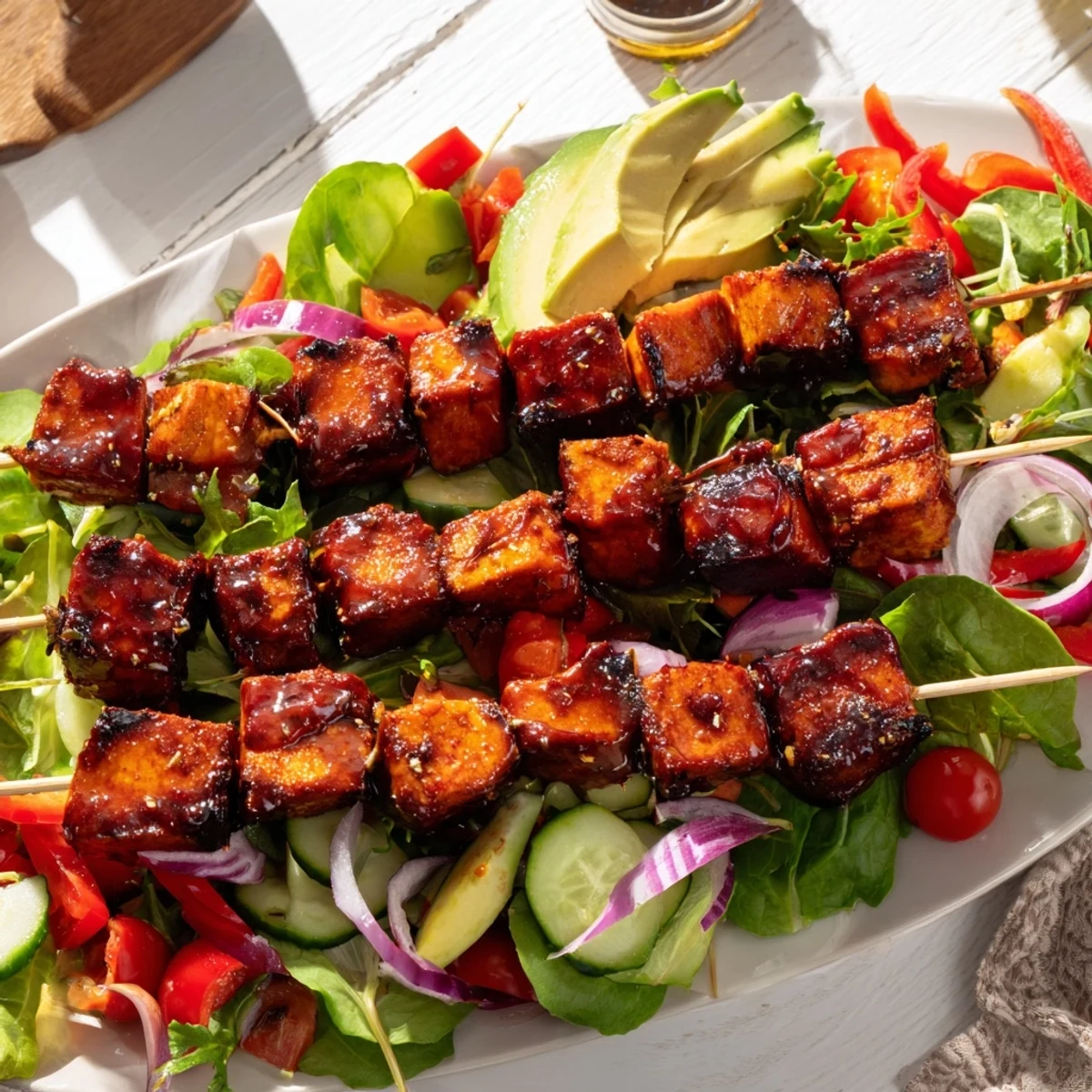 Grilled BBQ chicken skewer salad recipe featuring smoky chicken atop fresh vegetable medley