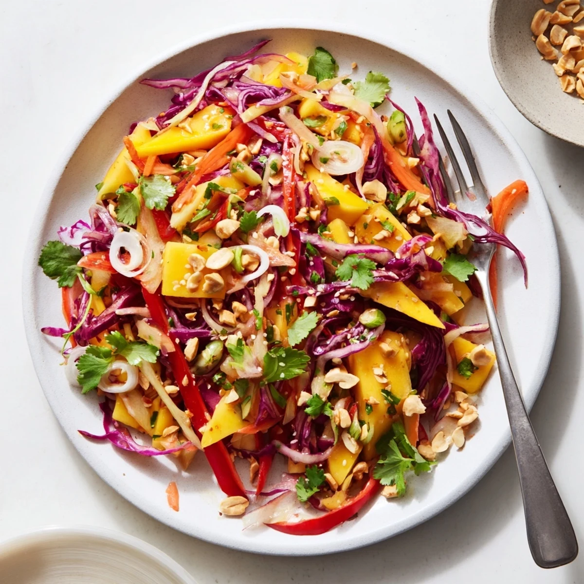 Vibrant mango slaw bowl featuring crisp red cabbage, carrots, and colorful vegetables tossed in tangy lime dressing.