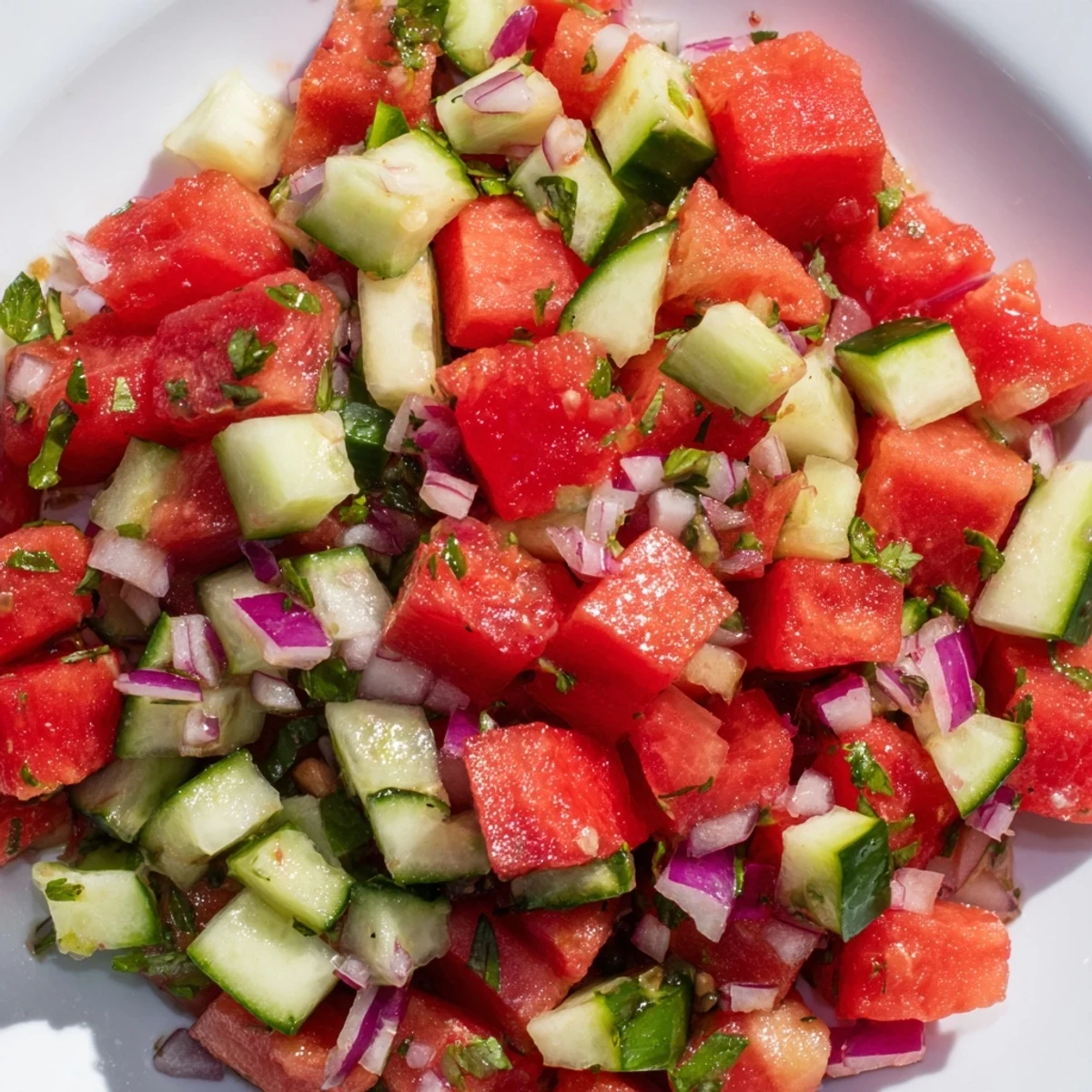 Colorful bowl of watermelon salsa served alongside golden cinnamon-dusted tortilla chips for parties