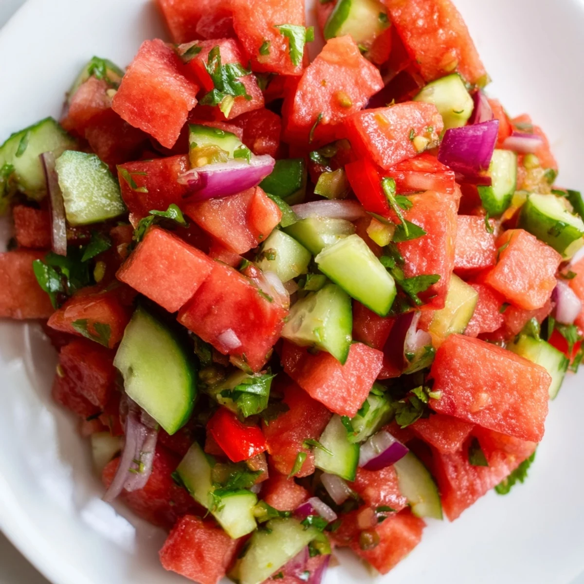 Juicy watermelon salsa with cucumber and red peppers paired with sweet cinnamon tortilla chips