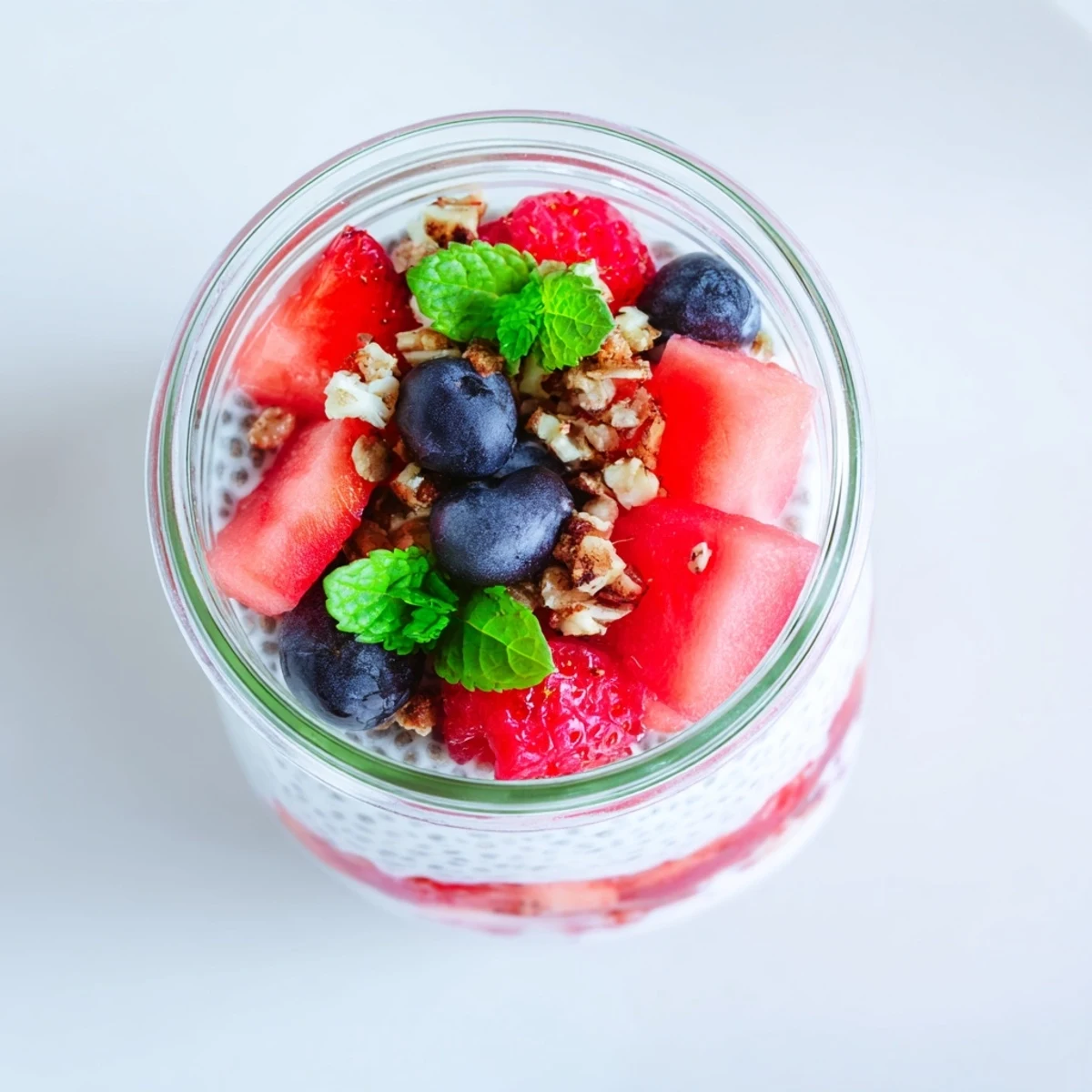 Glass jar layered with creamy vanilla chia pudding and juicy diced watermelon chunks