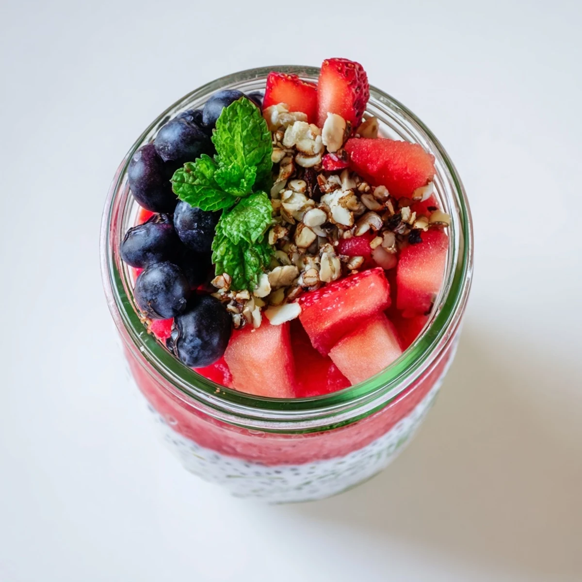 Refreshing watermelon chia parfait topped with fresh mixed berries and crunchy granola garnish