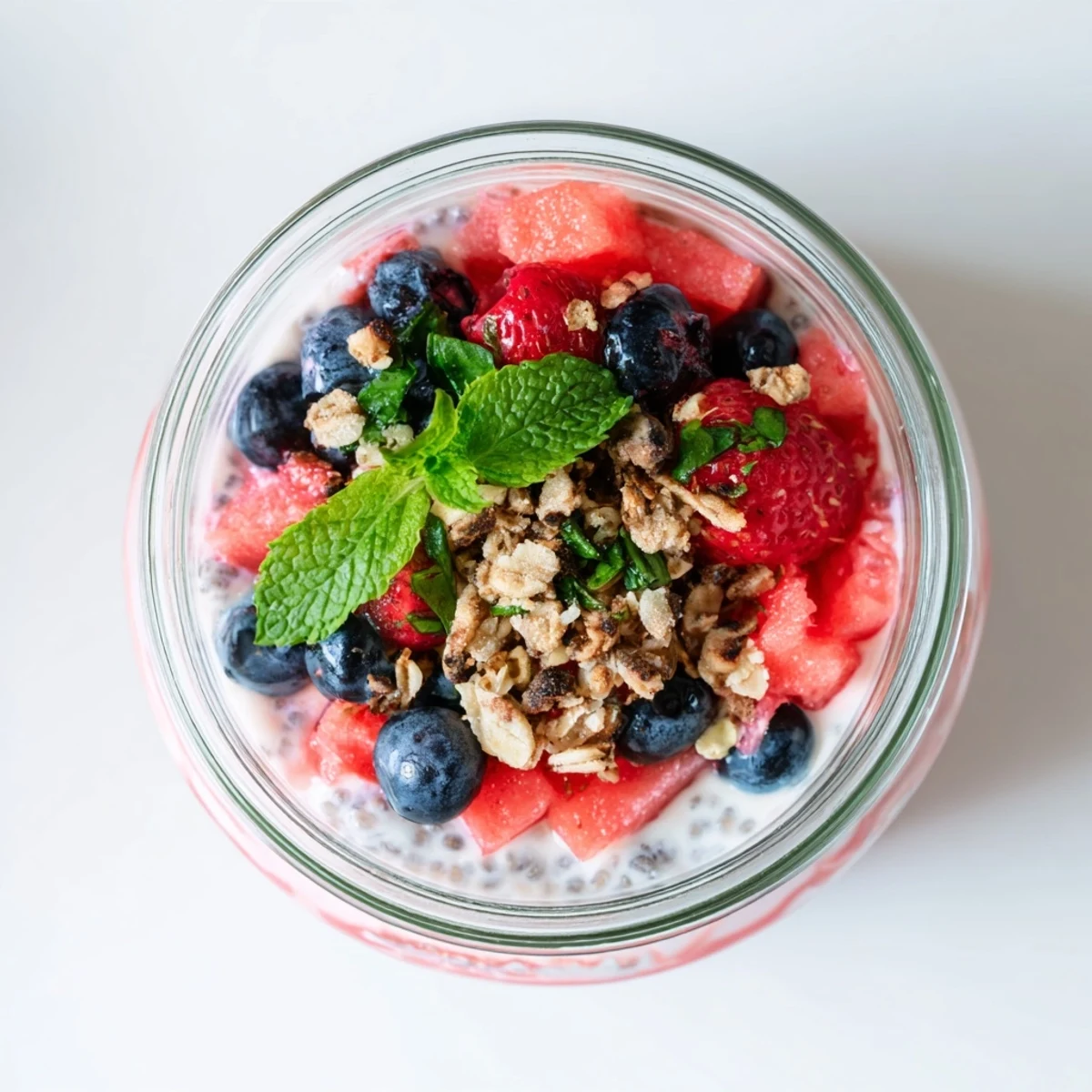Summer dessert glass stacked with watermelon layers chia pudding and fresh mint sprigs