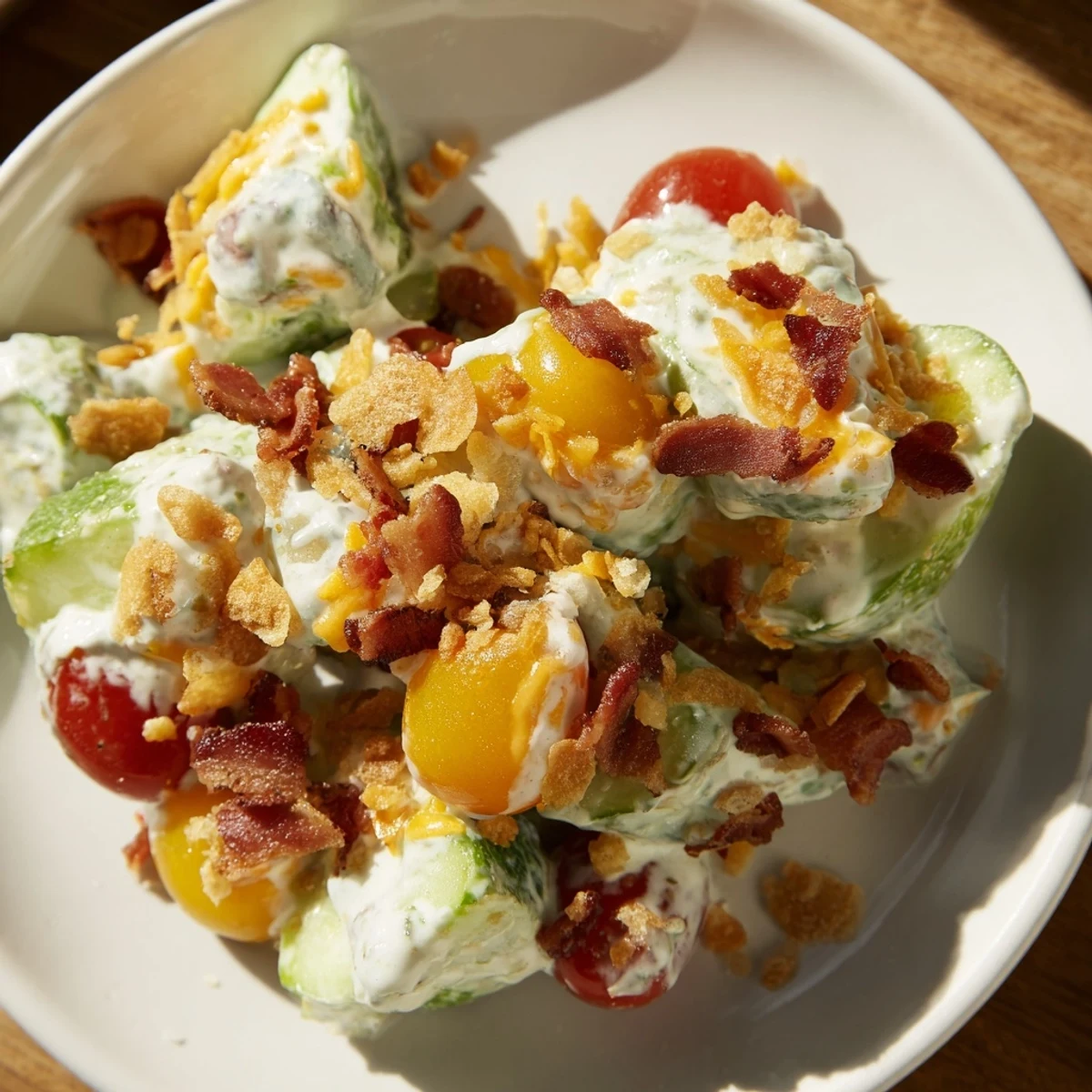 Creamy cucumber ranch crack salad topped with crispy bacon crumbles and shredded cheddar cheese