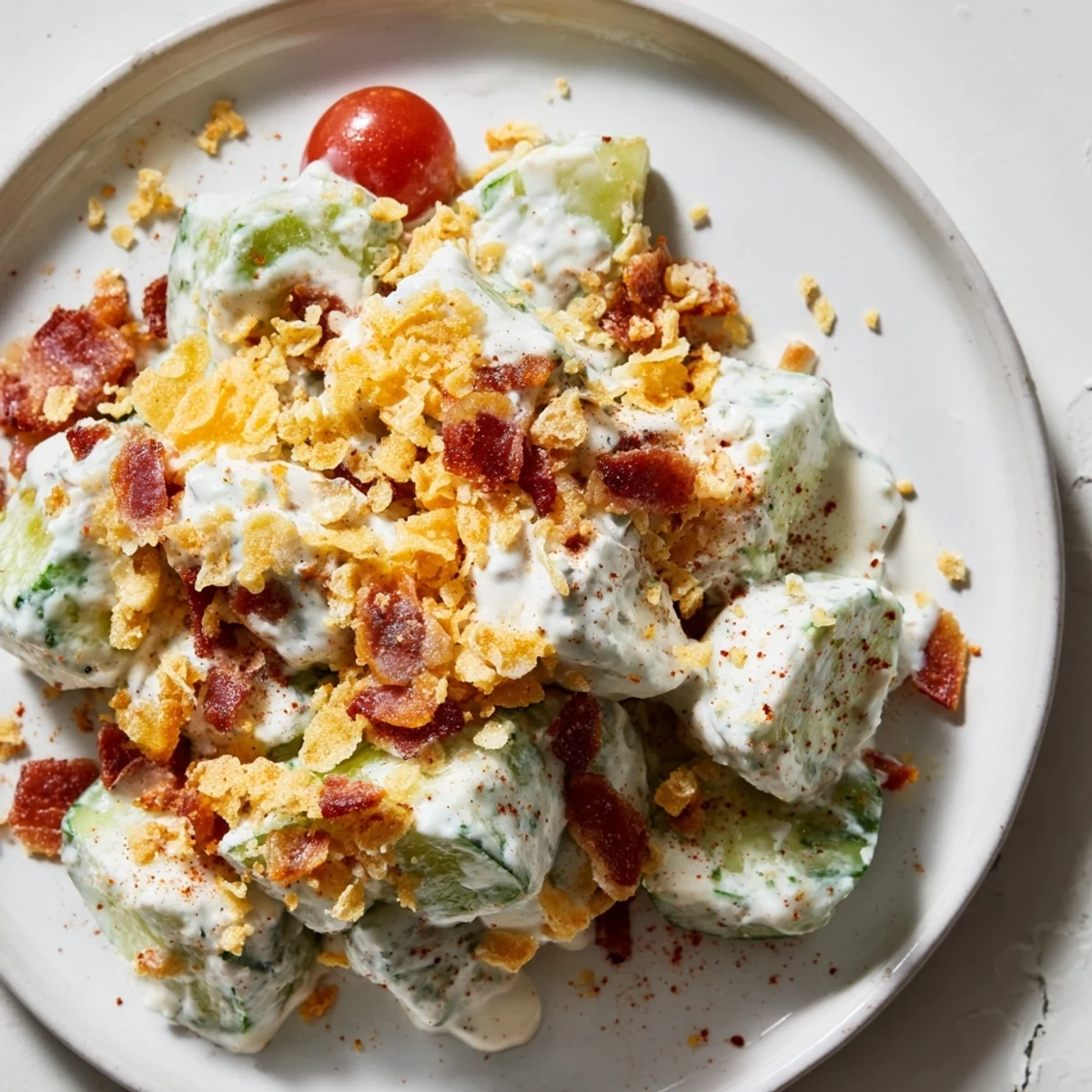 Fresh cucumber ranch crack salad bowl with cherry tomatoes, green onions, and tangy dressing
