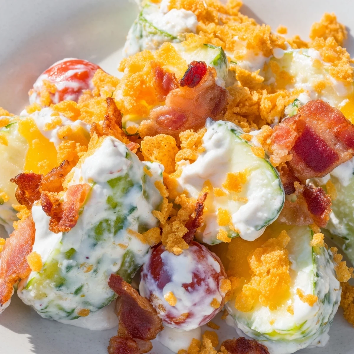 Crisp cucumber ranch crack salad with potato chip crunch, bacon bits, and ranch coating