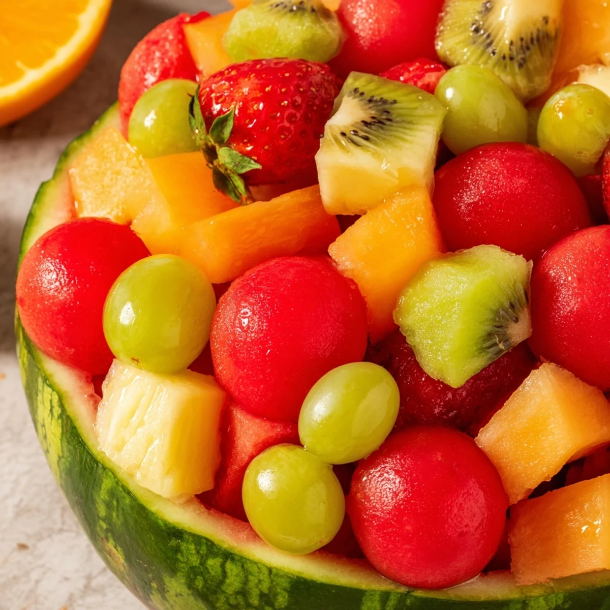 Watermelon basket overflowing with colorful mixed fruit salad on a summer party table