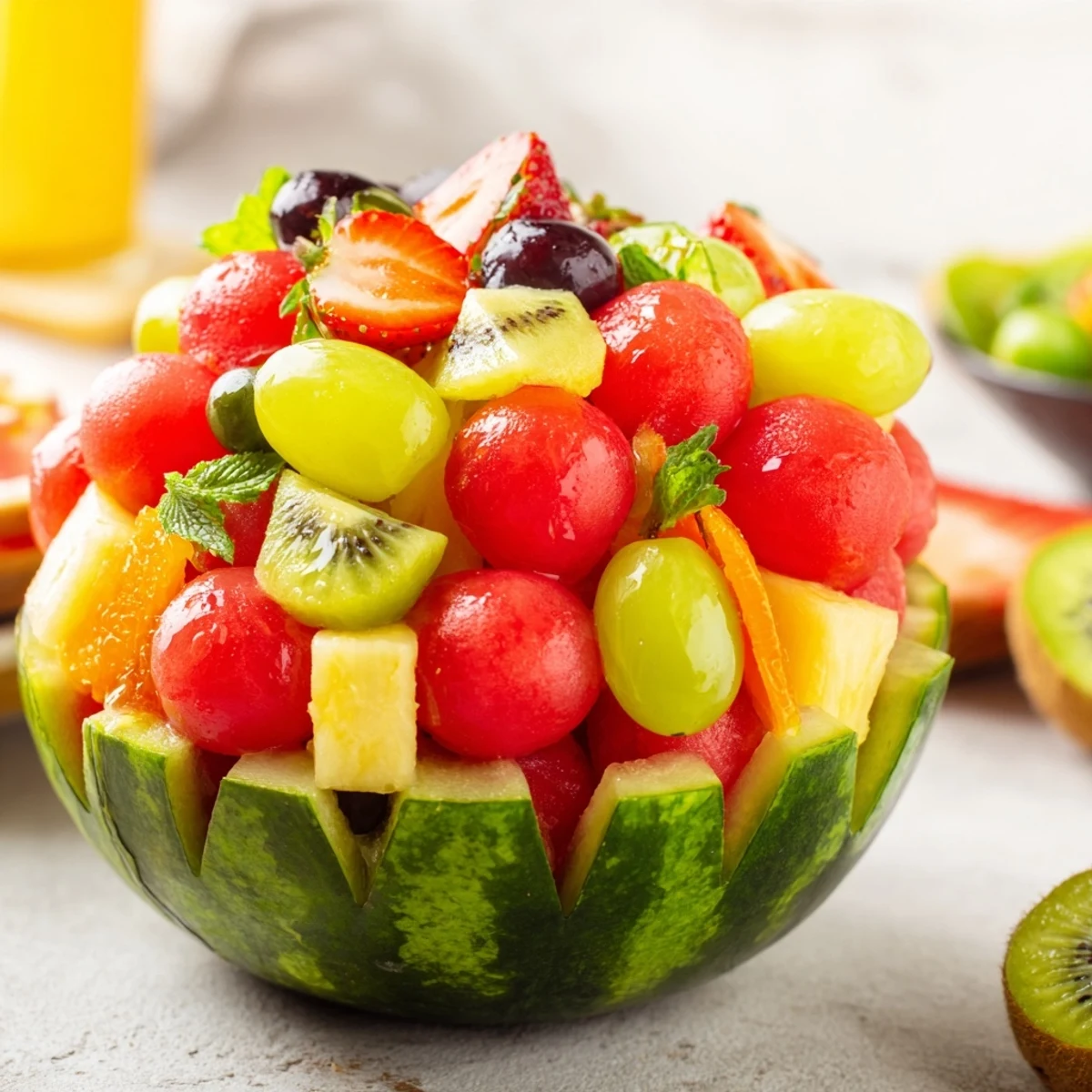 Carved watermelon basket filled with fresh berries, melon balls, and pineapple for gatherings