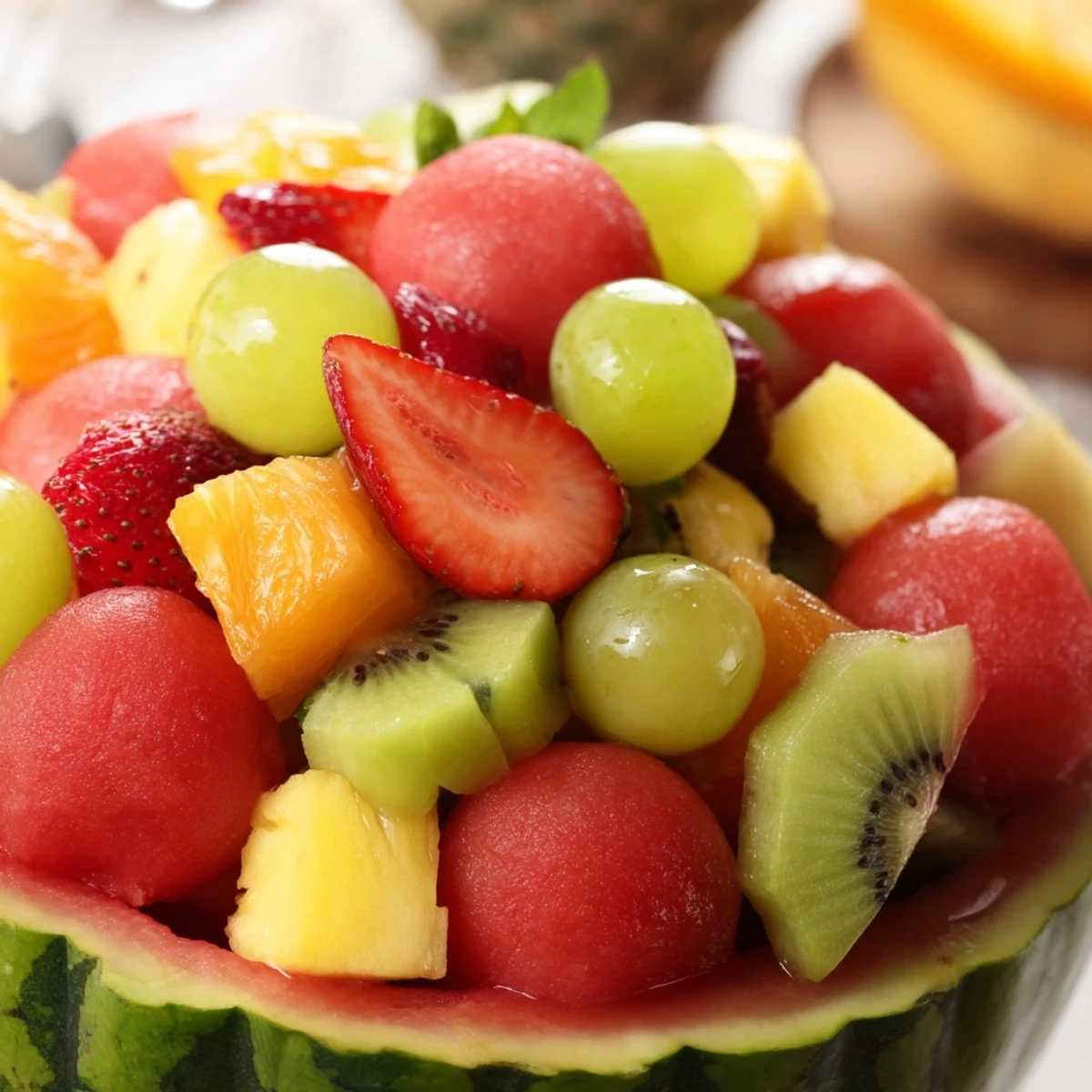 Refreshing fruit salad displayed inside a hollowed watermelon bowl with mint garnish