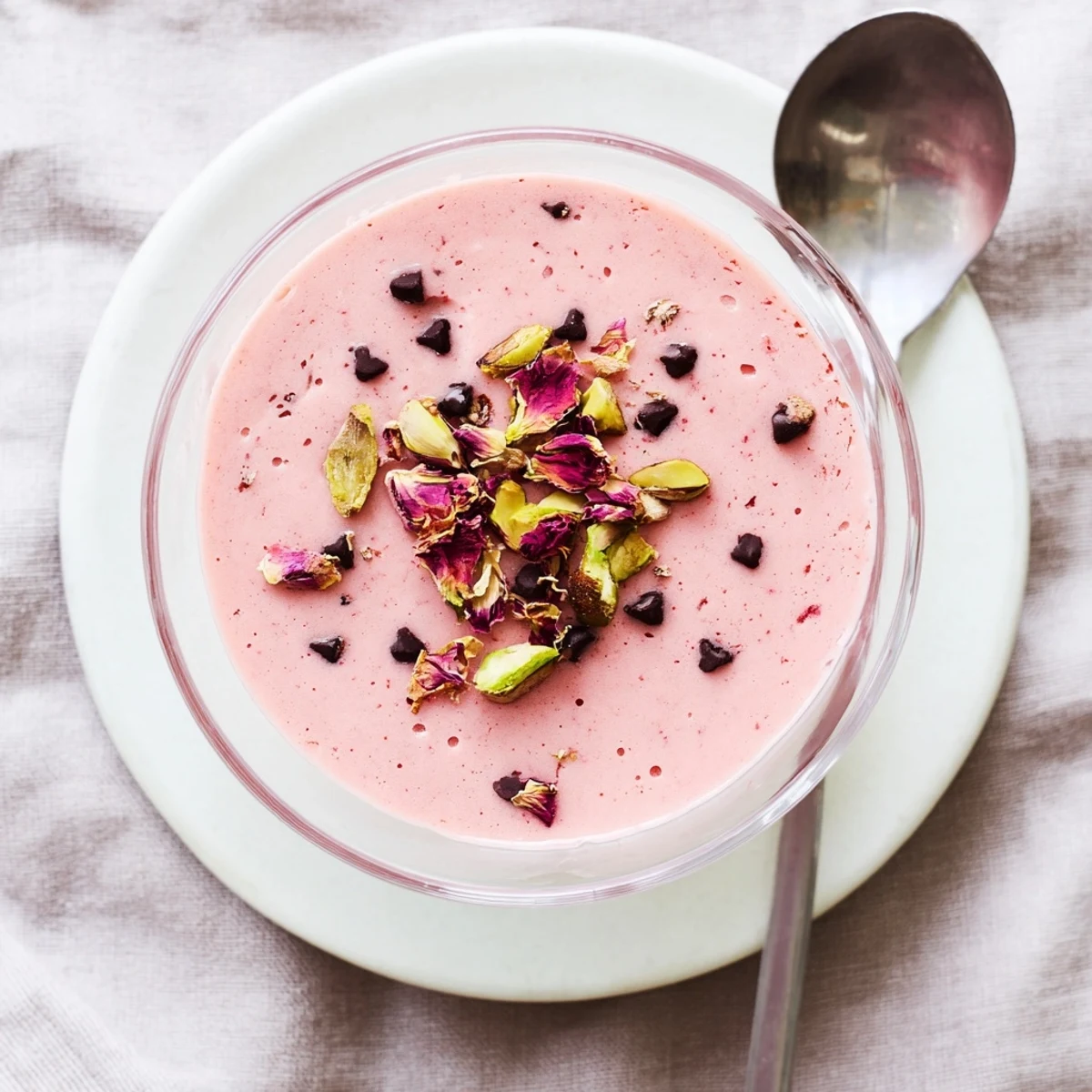 Sicilian watermelon pudding chilled in clear glasses topped with bright green pistachios and dark chocolate chips