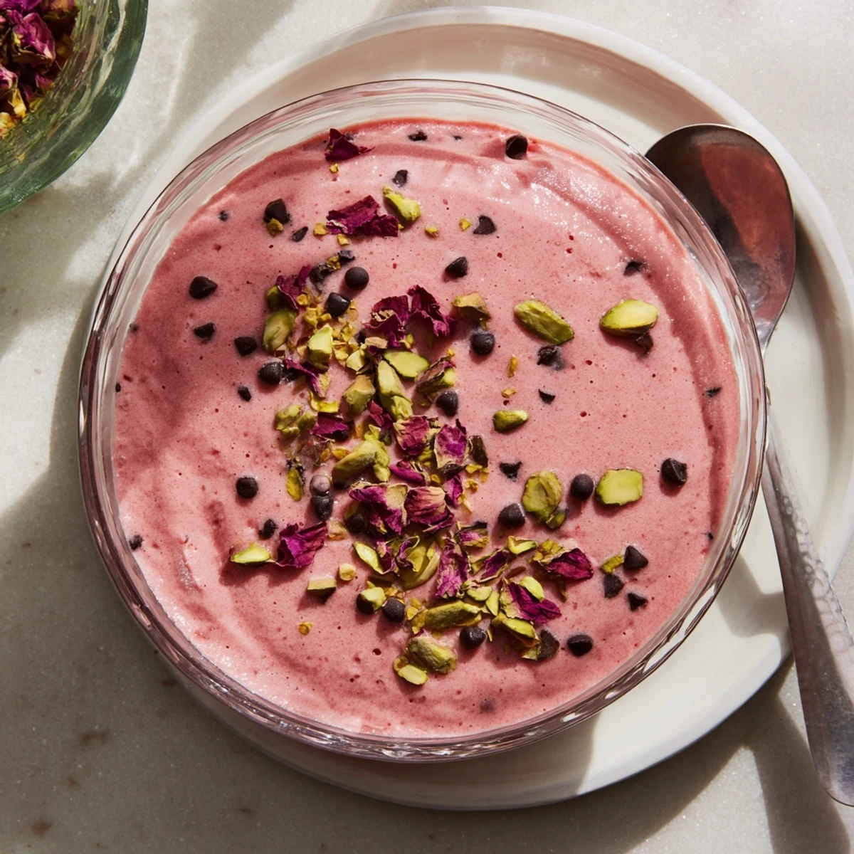Traditional Gelo di Melone dessert with vibrant pink watermelon pudding garnished with chopped nuts and rose petals