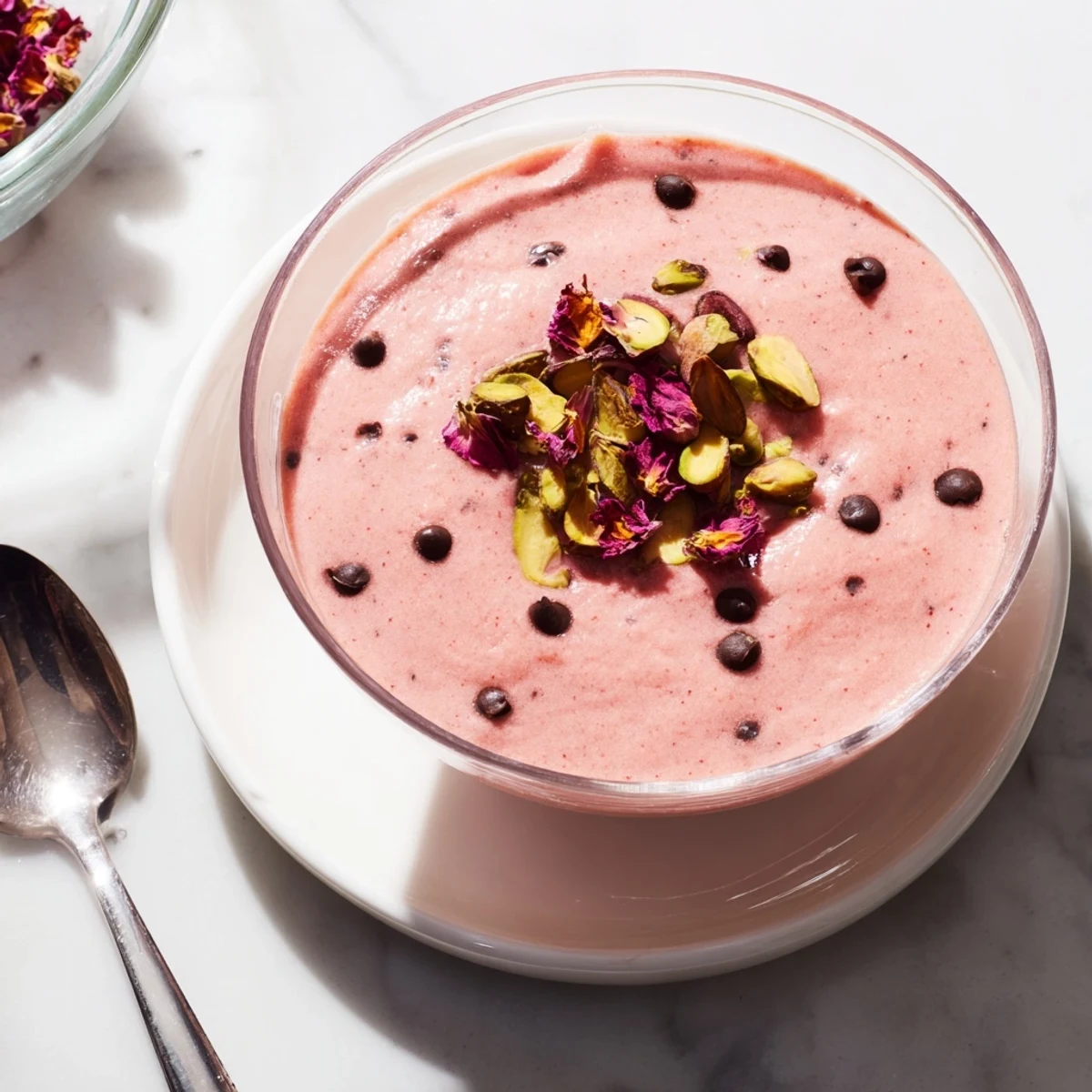 Creamy Sicilian watermelon pudding served chilled with pistachio sprinkles and chocolate chip seed decoration