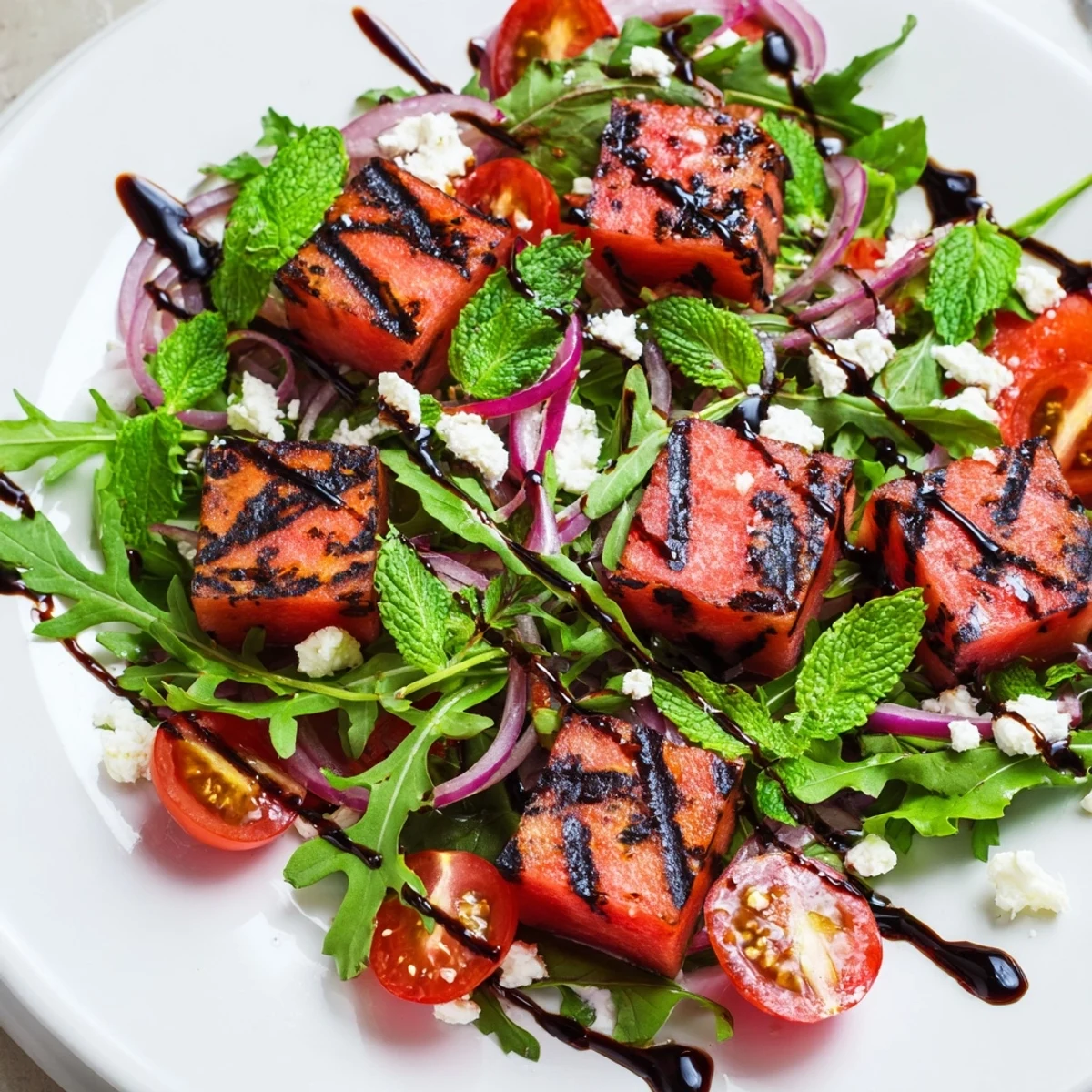 Colorful grilled watermelon salad with balsamic dressing, feta cheese, fresh mint, and arugula