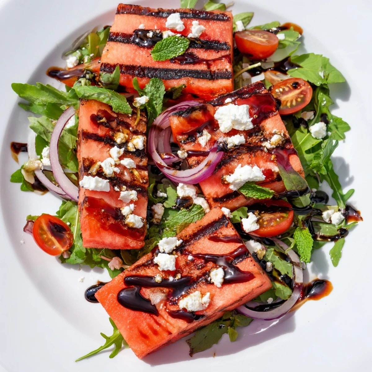 Summer grilled watermelon salad featuring smoky charred fruit, tangy balsamic glaze, and creamy crumbled feta