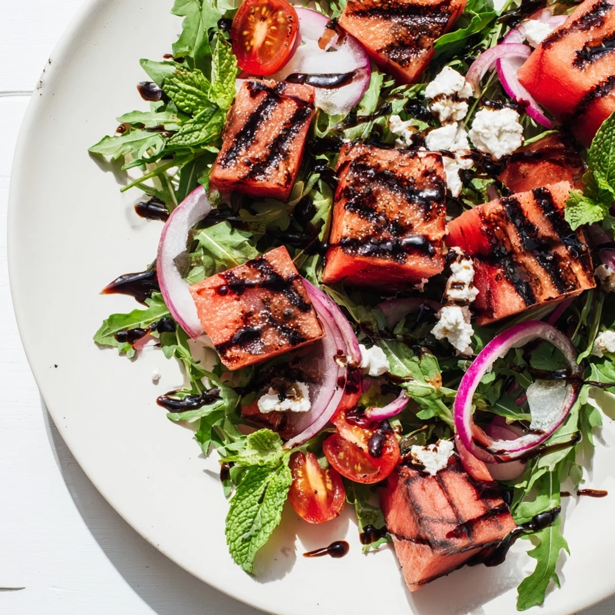 Vibrant bowl of grilled watermelon salad topped with mint leaves, cherry tomatoes, and balsamic dressing