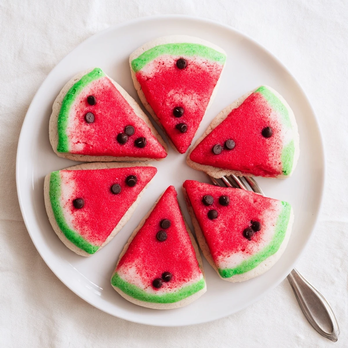 Freshly baked watermelon slice cookies arranged on a white serving platter with mini chocolate chip seeds