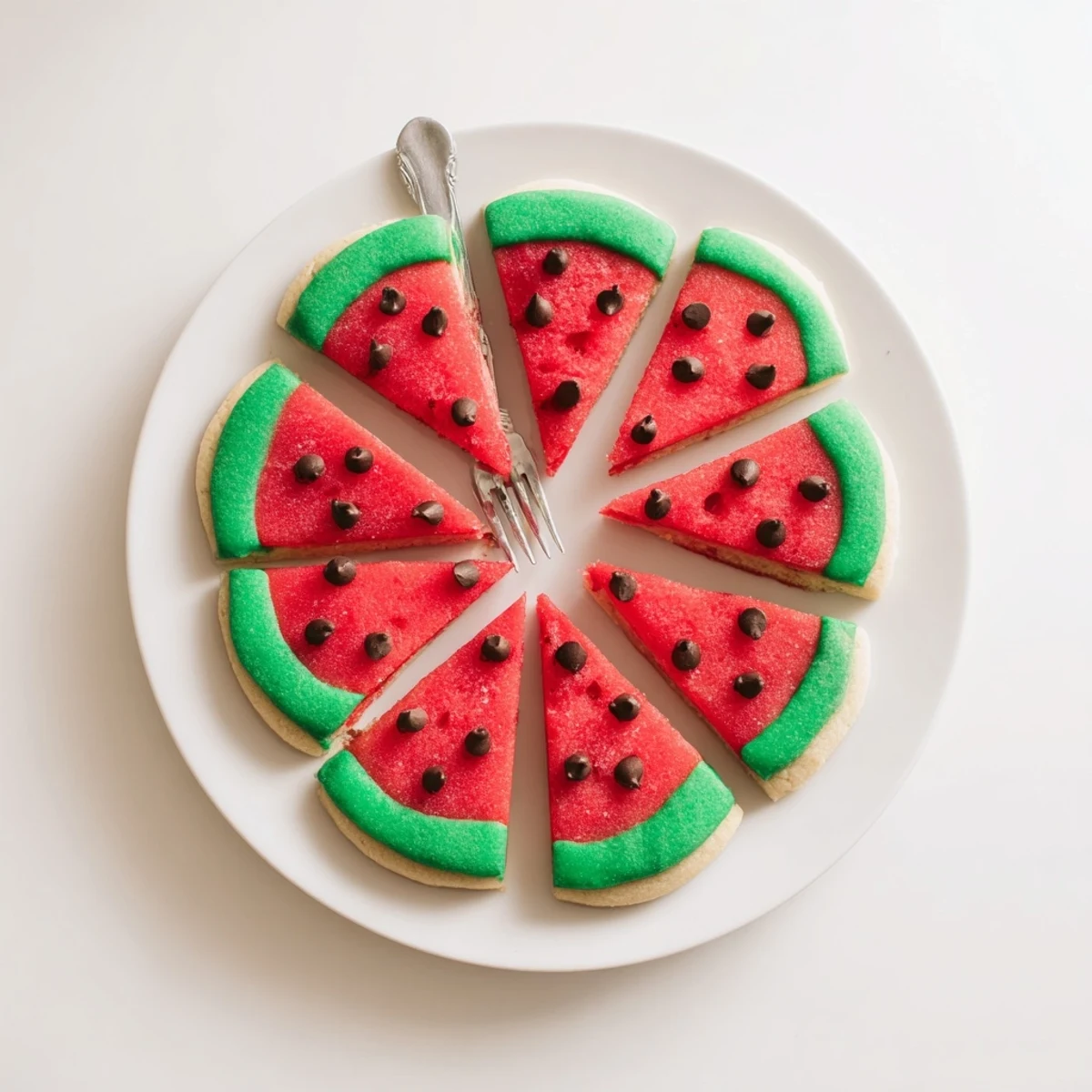Vibrant red and green watermelon slice cookies cooling on a wire rack after baking
