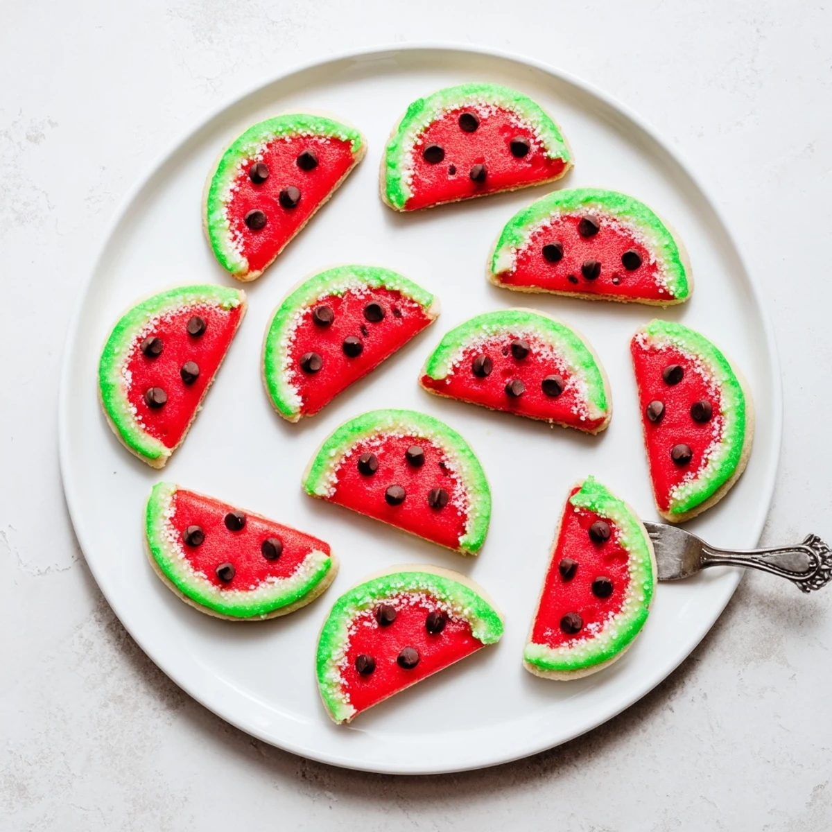 Summer themed watermelon slice cookies with green rind edges and chocolate chip seeds displayed on parchment paper